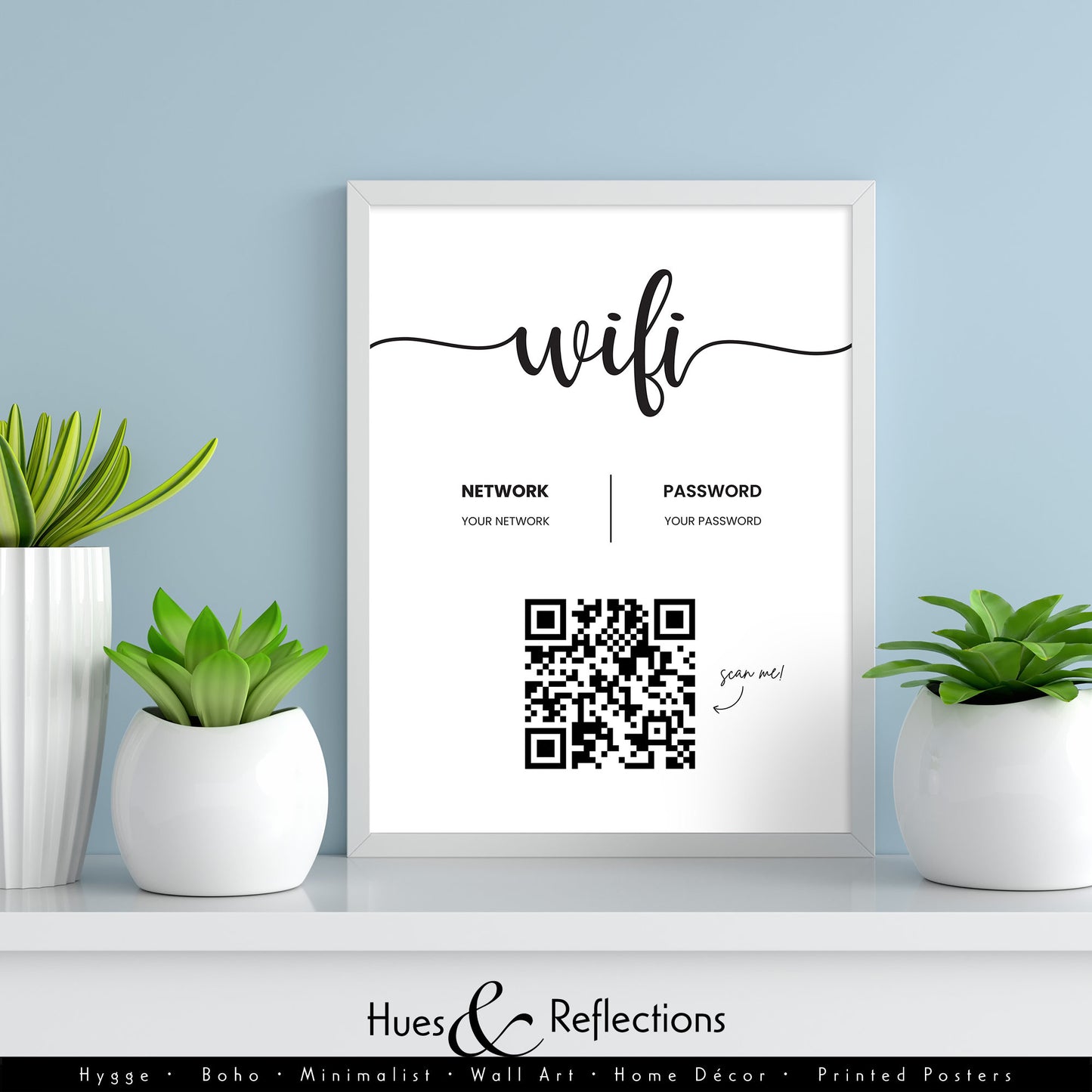 Personalised WiFi print with scan QR code to connect, internet sharing, WiFi password, QR code scanner ideal for AirBnB, Hotel, home, wifi print, wifi qr code, wifi qr scanner, wifi password, business print, nail salon, hair salon, restaurant, bar
