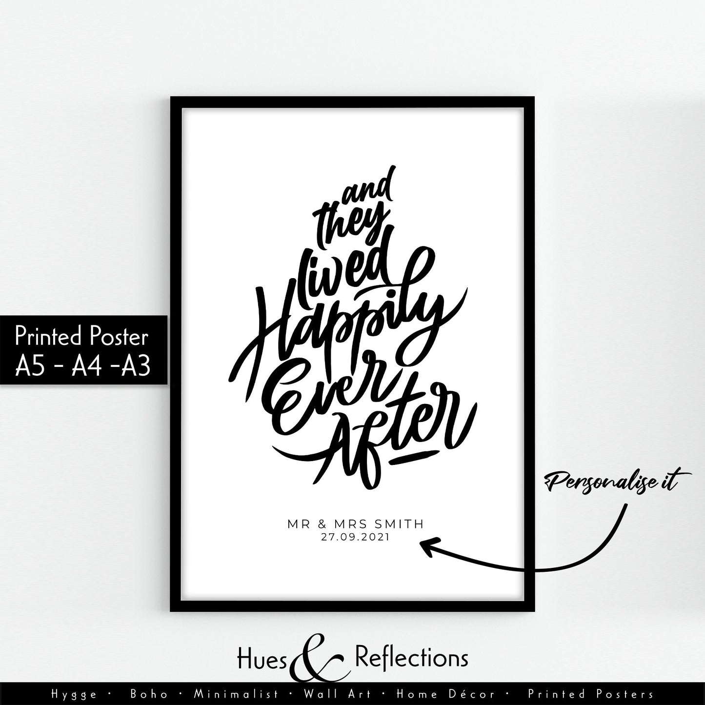 Custom Wedding Gift Wall Print with Personalised Name and Date, And They Lived Happily Ever After, Home Print, Home Decor, Wall Art
