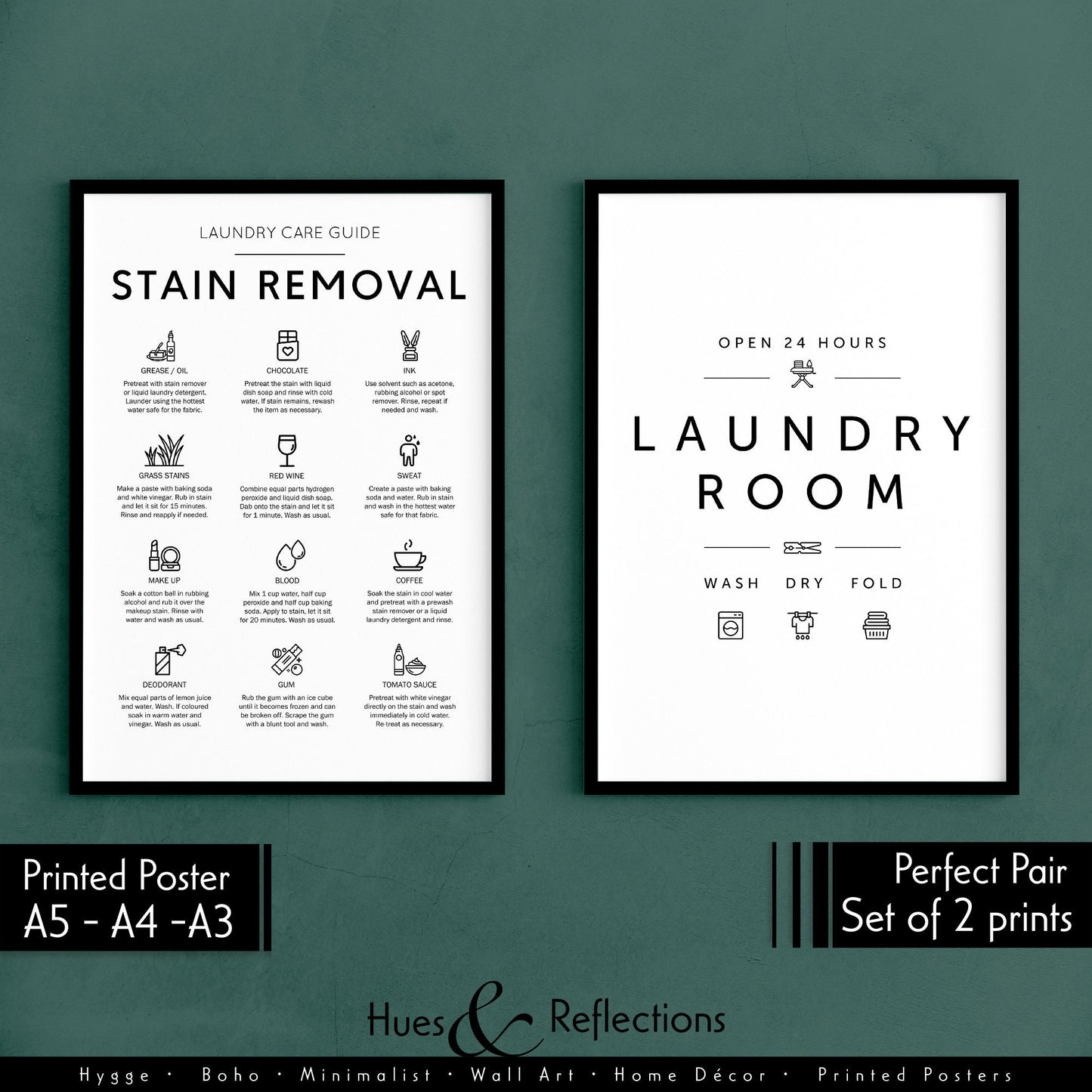 Set of 2 - Laundry Service Room and Stain Removal - Cheat Sheet Instructions for Laundry Stain Remover , Ideal Prints for Laundry Room Decor