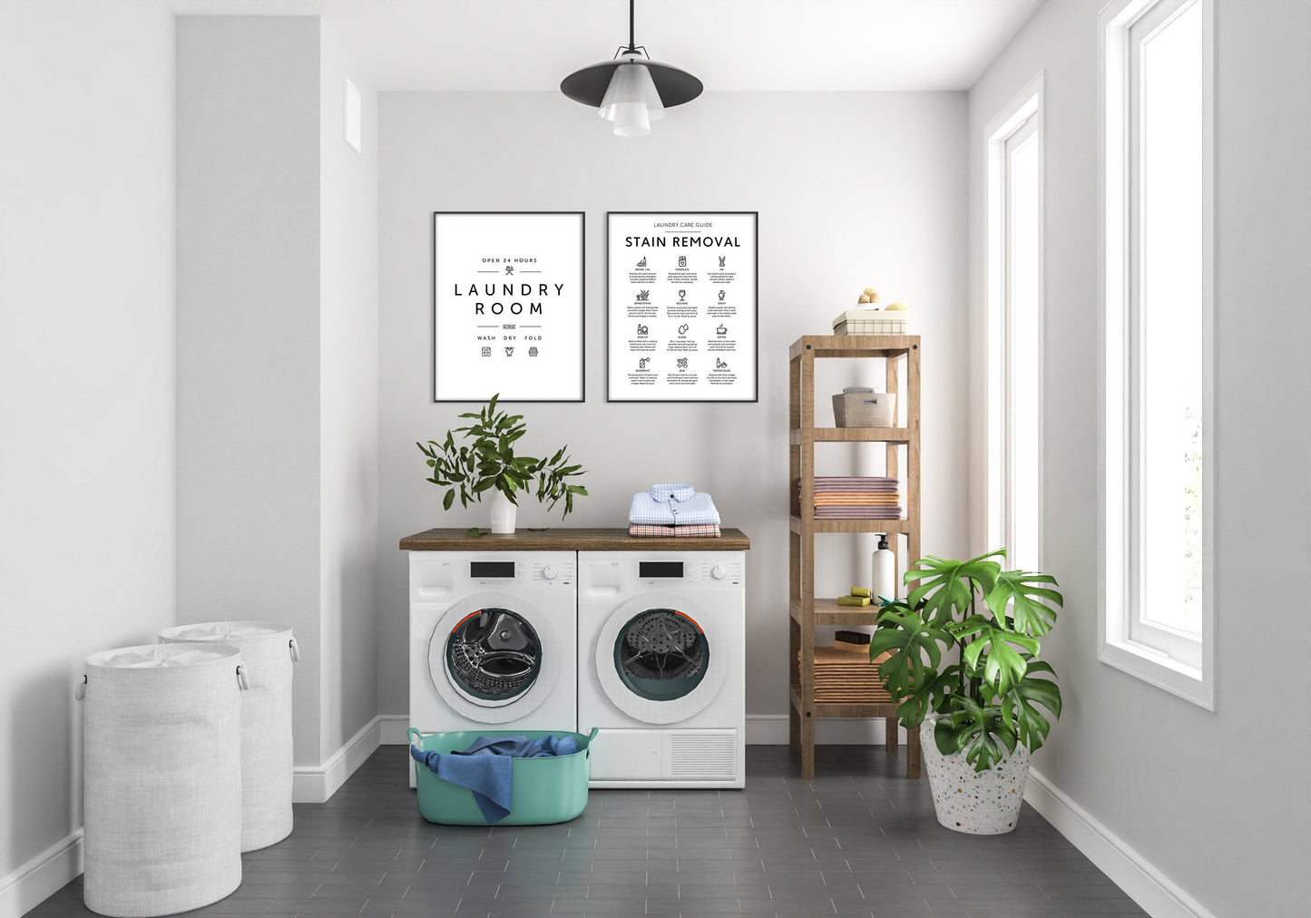 Set of 2 - Laundry Service Room and Stain Removal - Cheat Sheet Instructions for Laundry Stain Remover , Ideal Prints for Laundry Room Decor