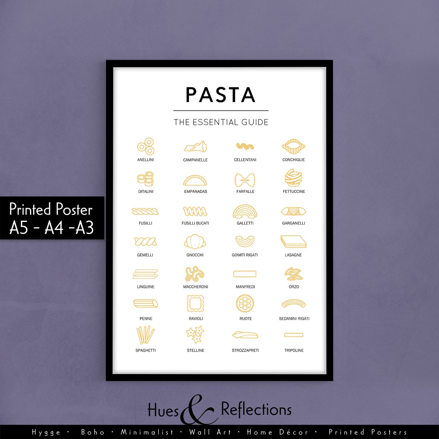 The essential Guide to Pasta, Kitchen Print, Chef's Gift, Kitchen Guide, Italian Food, Past lovers, Monochrome Picture, Pasta Types, Cooking, Spaghetti Guide, Maccheroni and cheese, Penne, Ravioli, Lasagne, Fusilli, Fettuccine, Empanadas, Gnochi