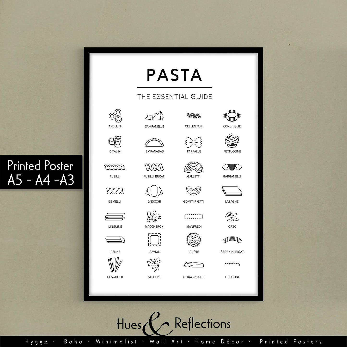 The essential Guide to Pasta, Kitchen Print, Chef's Gift, Kitchen Guide, Italian Food, Past lovers, Monochrome Picture, Pasta Types, Cooking, Spaghetti Guide, Maccheroni and cheese, Penne, Ravioli, Lasagne, Fusilli, Fettuccine, Empanadas, Gnochi
