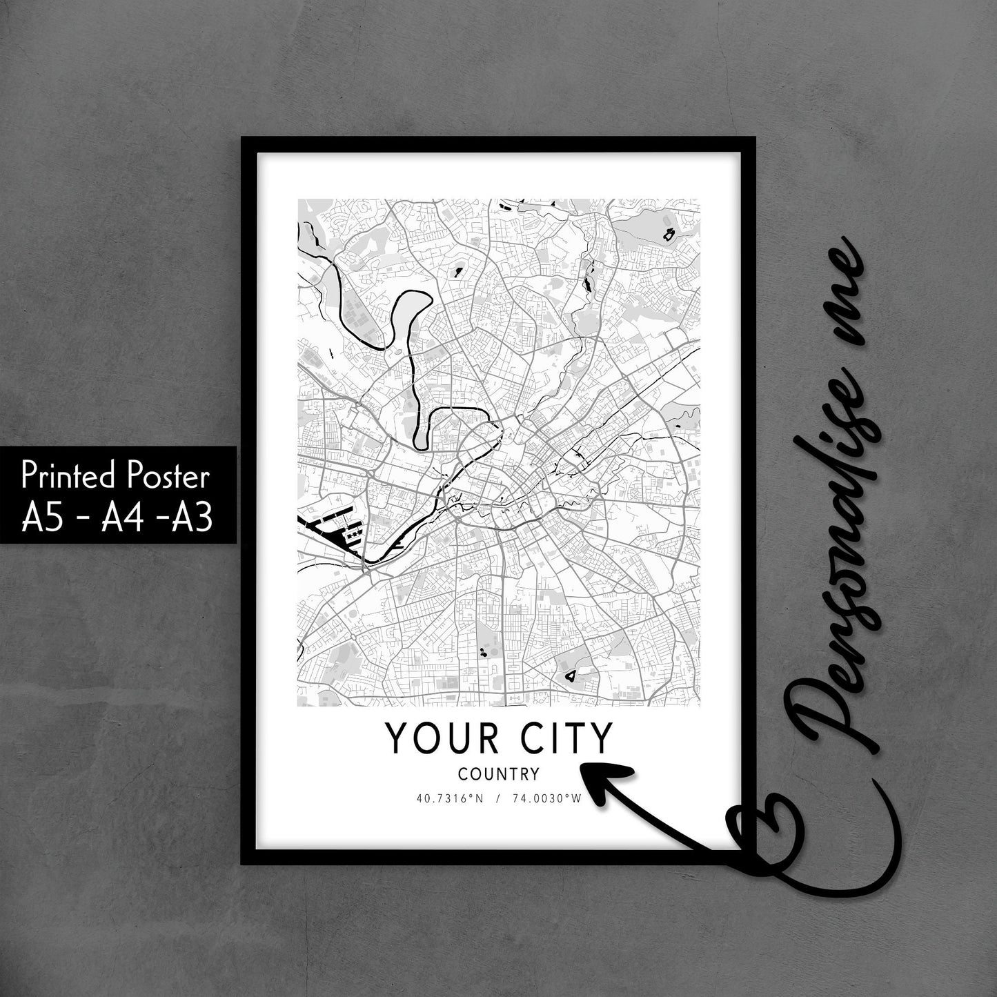 Custom City Map Poster, Personalised Gift Home Decor, Any Town, Village, Any Location Minimalist Map Wall Art, Custom Town Map Print Poster
