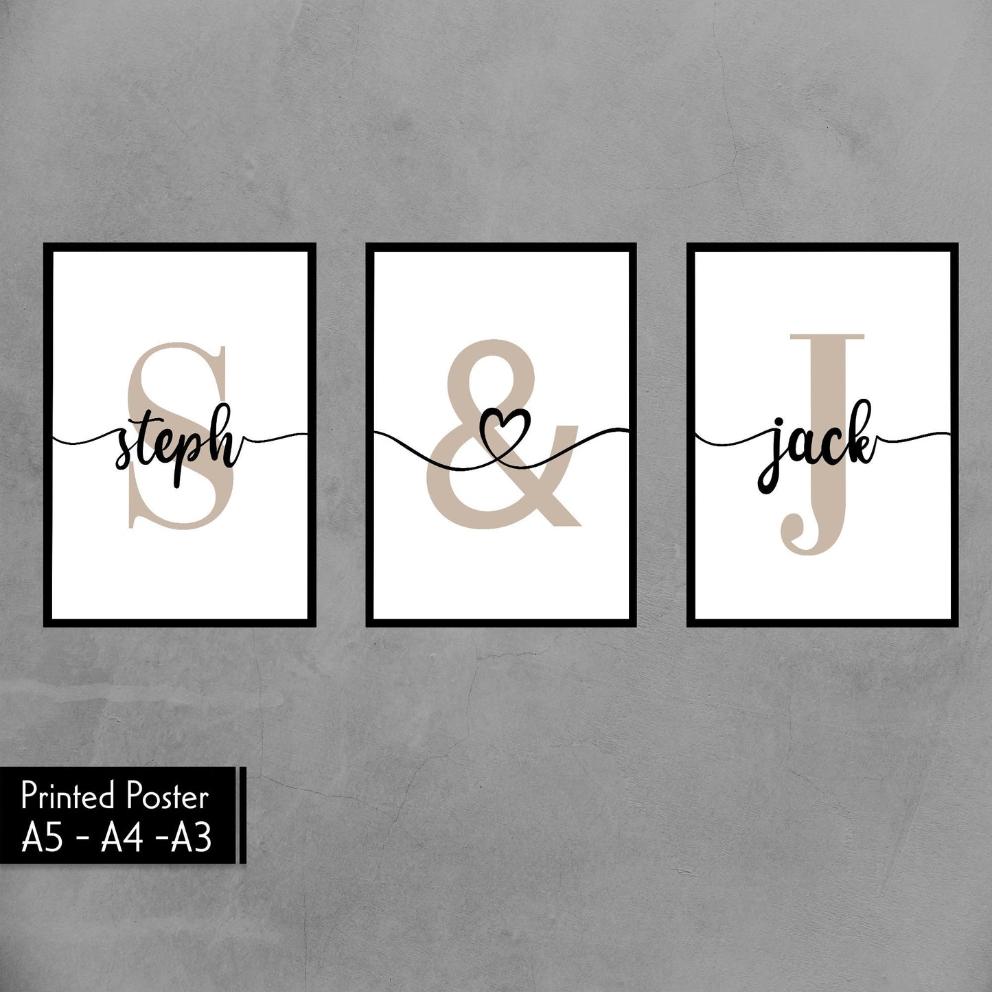 Set Of 3 Wall Prints With Couple Name And Initial Engagement Gift, Moving In Together Gift, Home Print, Bedroom Wall Art, Personalised Print