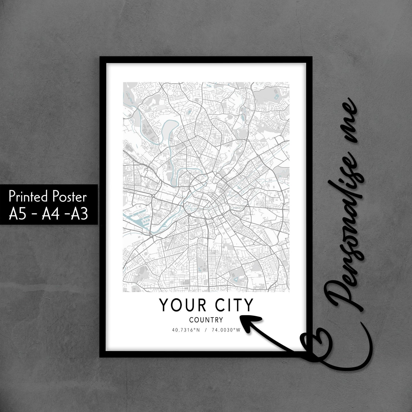 Custom City Map Poster, Personalised Gift Home Decor, Any Town, Village, Any Location Minimalist Map Wall Art, Custom Town Map Print Poster