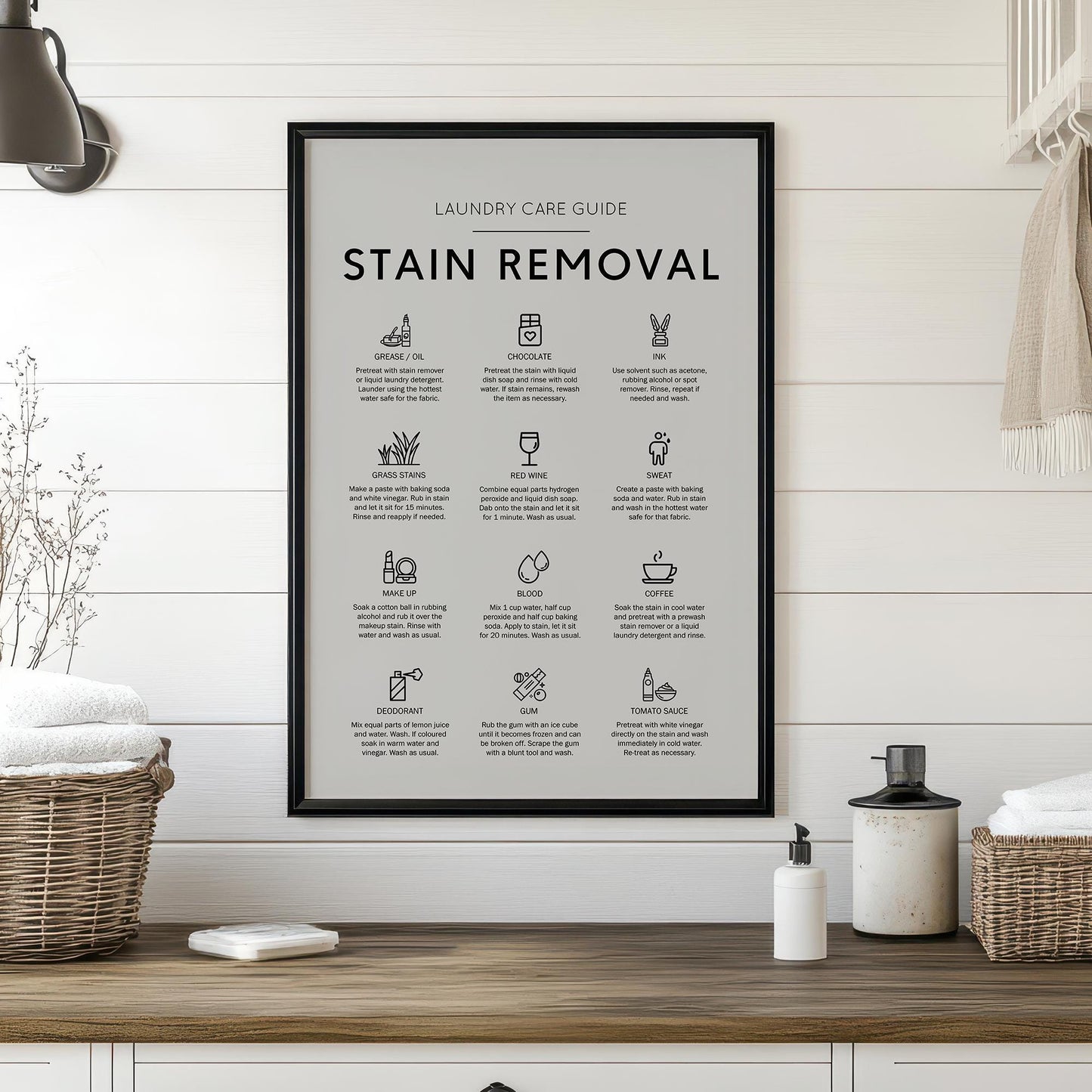 Stain removal poster ideal for laundry room in a minimalistic house as well as a rustic house. How to remove stains from cloths guide. Laundry care guide poster perfect gift for laundry room poster. Remove make up stain guide. How to remove red wine.