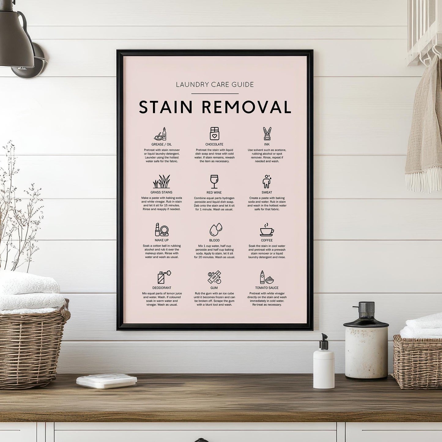 Stain removal poster ideal for laundry room in a minimalistic house as well as a rustic house. How to remove stains from cloths guide. Laundry care guide poster perfect gift for laundry room poster. Remove make up stain guide. How to remove red wine.