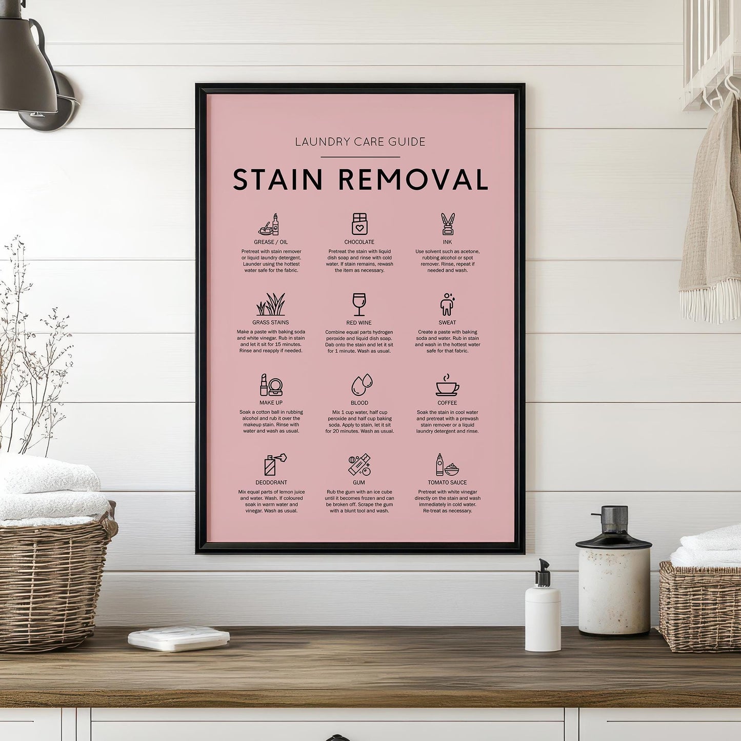 Stain removal poster ideal for laundry room in a minimalistic house as well as a rustic house. How to remove stains from cloths guide. Laundry care guide poster perfect gift for laundry room poster. Remove make up stain guide. How to remove red wine.