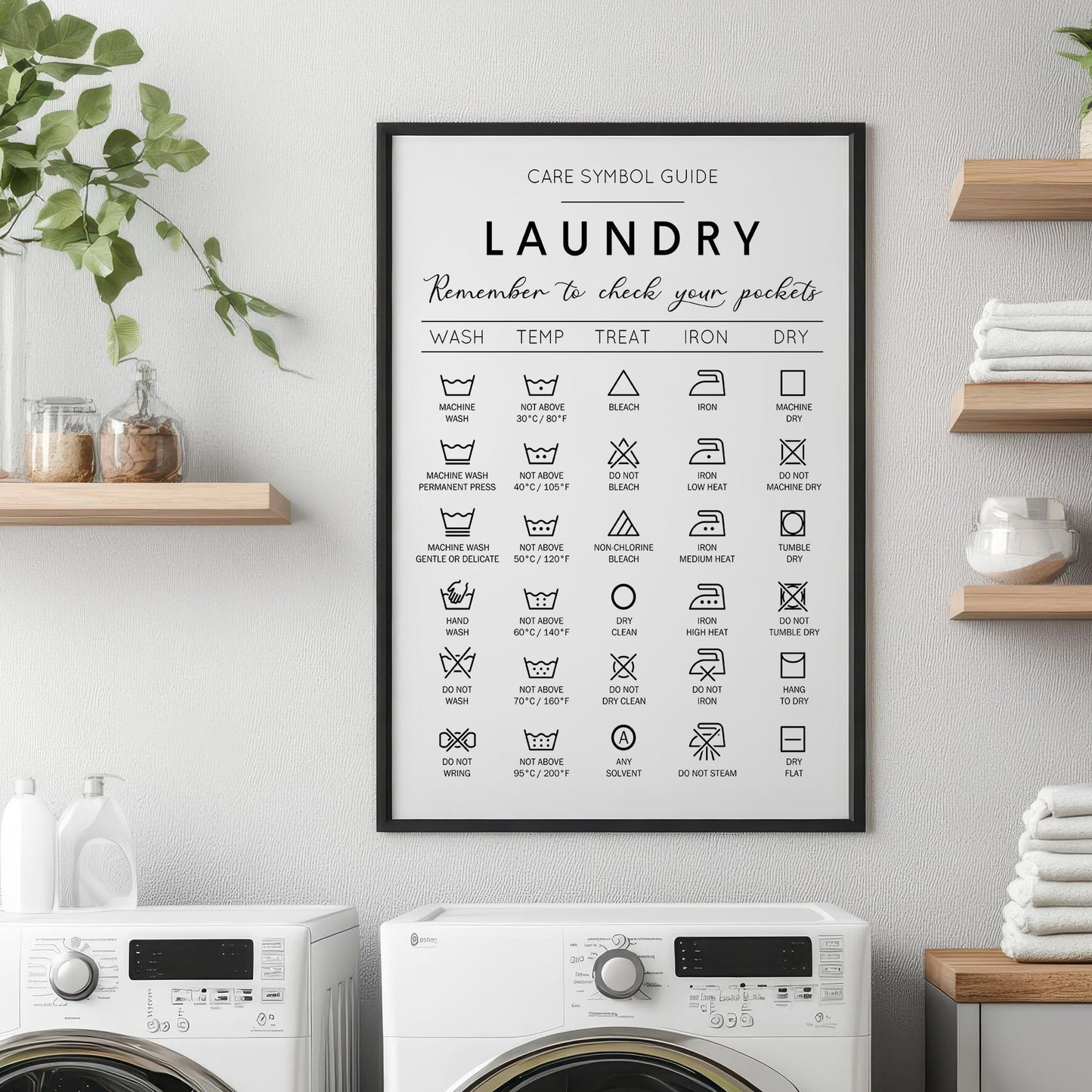 Laundry care symbol guide. Ideal gift for housewarming. Complement your minimalist house decoration with this handy guide for laundry. Frame for laundry room. Poster for laundrette. Black and white picture for bathroom. Cloth washing signs gift idea