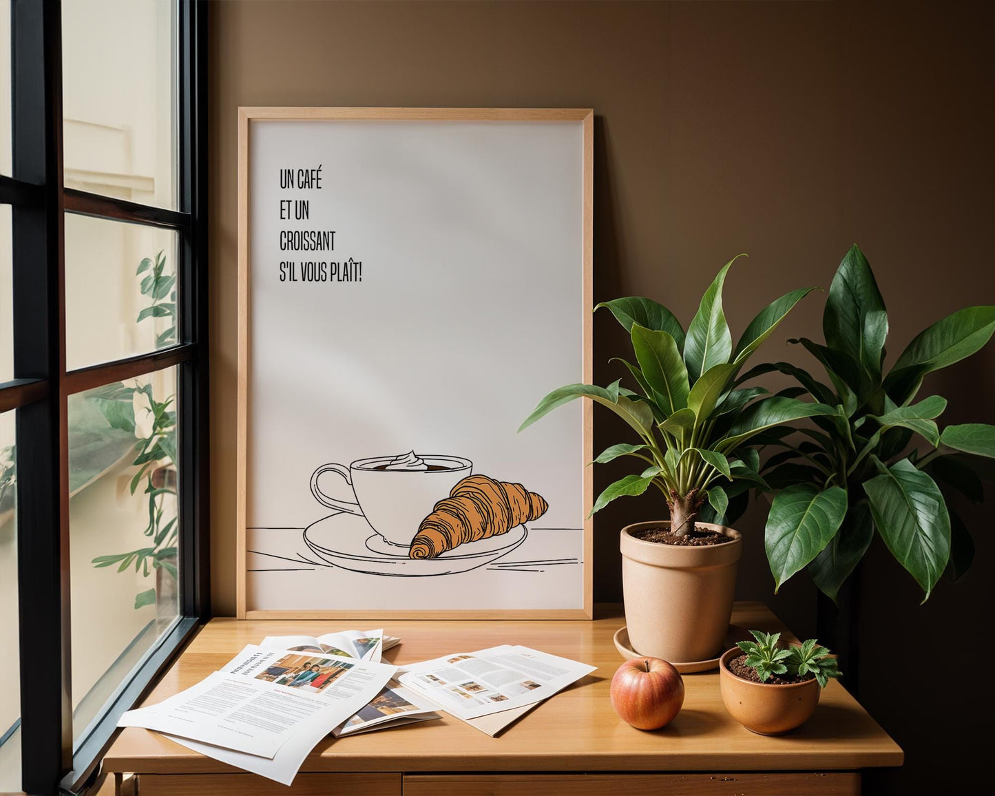 But first coffee, Kitchen wall decor, Coffee print, Prints for Kitchen, Minimalist line art, Gift for coffee lovers, Dinning room wall frame, un café s'il vous plait, french wall art for kitchen, français, croissant et café, housewarming gift idea