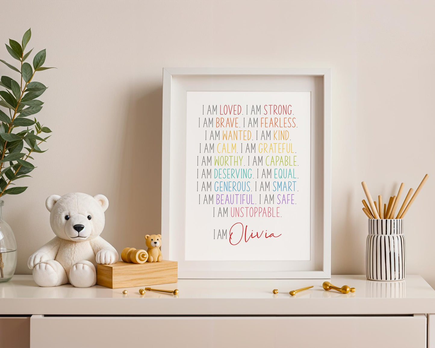 Kids Affirmation Printable Art: I Am Loved, Strong, Brave, Fearless, Beautiful - Personalised Word Art, Nursery Decor, Positive Affirmation