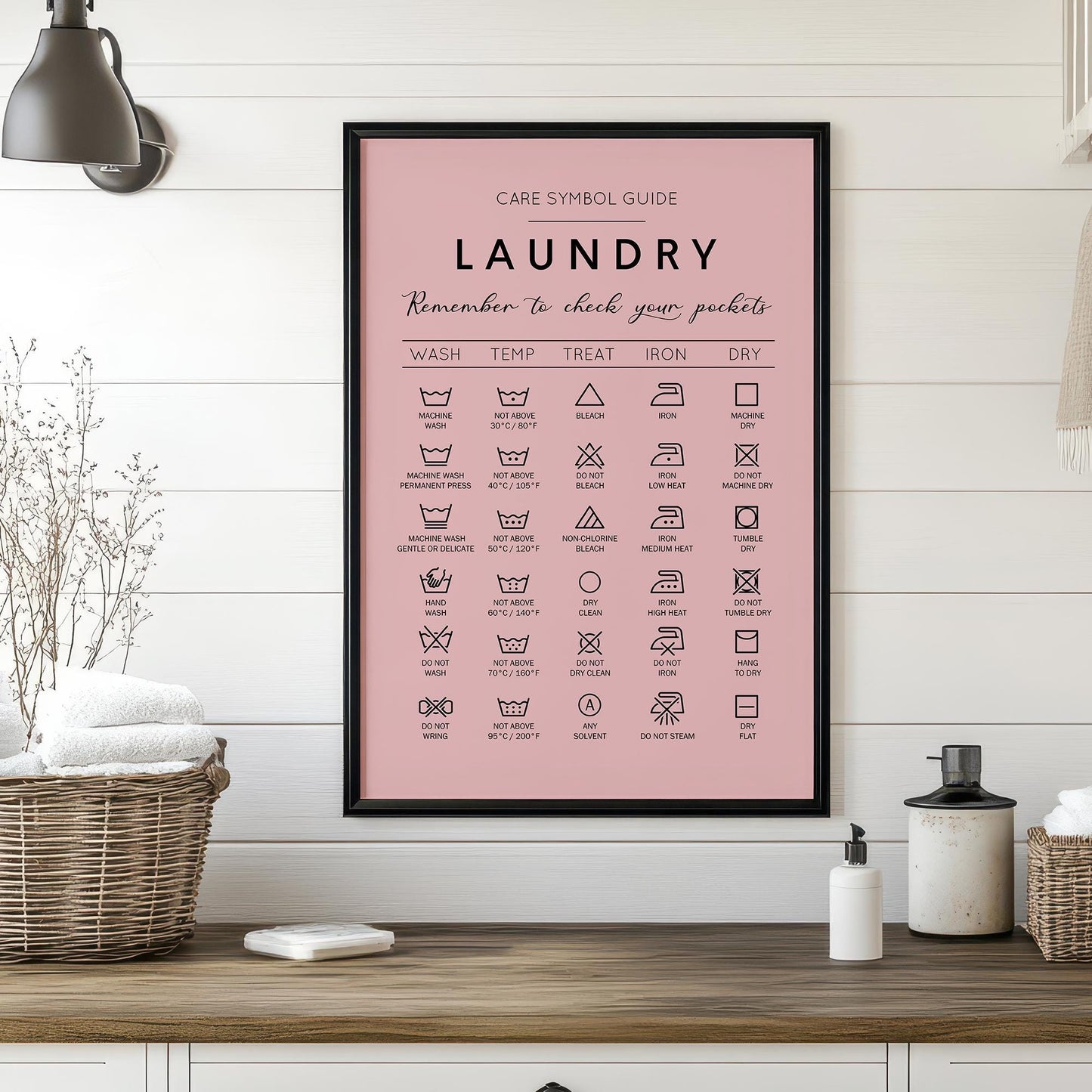 Laundry care symbol guide. Ideal gift for housewarming. Complement your minimalist house decoration with this handy guide for laundry. Frame for laundry room. Poster for laundrette. Black and white picture for bathroom. Cloth washing signs gift idea