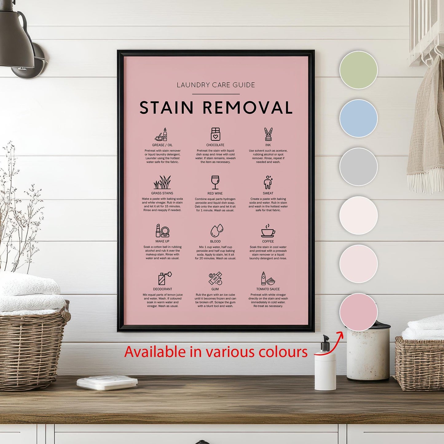 Stain removal poster ideal for laundry room in a minimalistic house as well as a rustic house. How to remove stains from cloths guide. Laundry care guide poster perfect gift for laundry room poster. Remove make up stain guide. How to remove red wine.