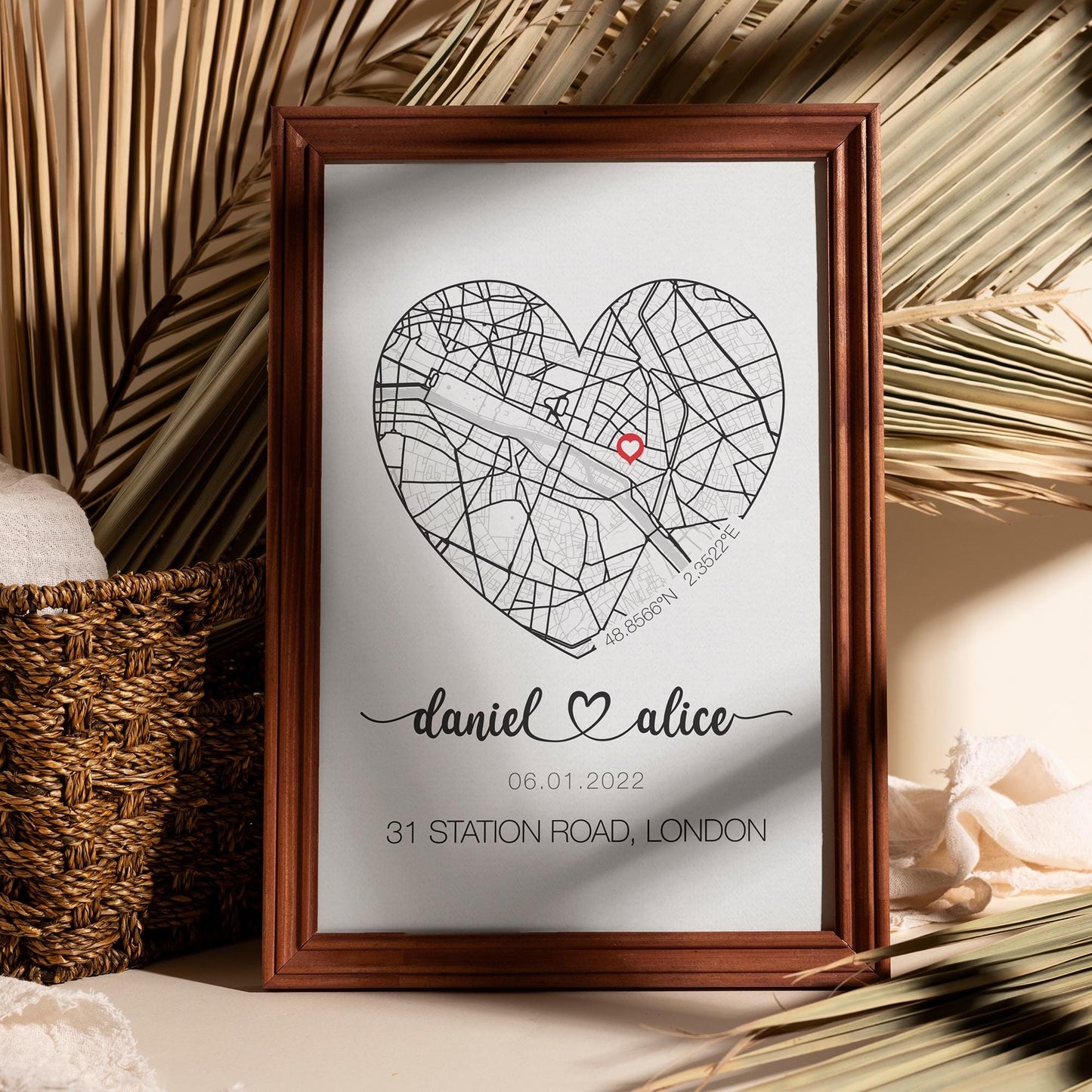 Heart Shape Personalised New Home Map Print With Heart and Address, Ideal Customised Moving Present, Unique Location Housewarming Gift