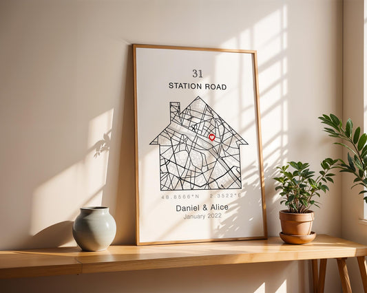 Personalised New Home Map Print With Heart and Address, Ideal Customised Moving Present, Unique Location Housewarming Gift, Black and White