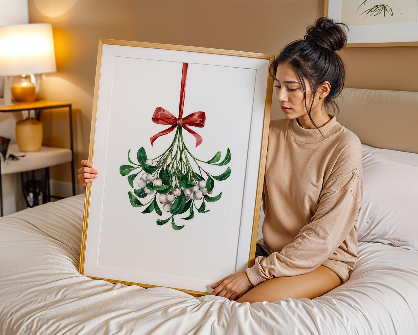 Christmas Mistletoe Watercolour Print - Mistletoe With Red Bow Holiday Decor Rustic Art, Mistletoe Print, Red Christmas, Christmas Ornaments, Holiday Gift, Christmas Print, Festive Theme Arts, Xmas Decorations, Black Friday Xmas, Vintage Xmas Prints