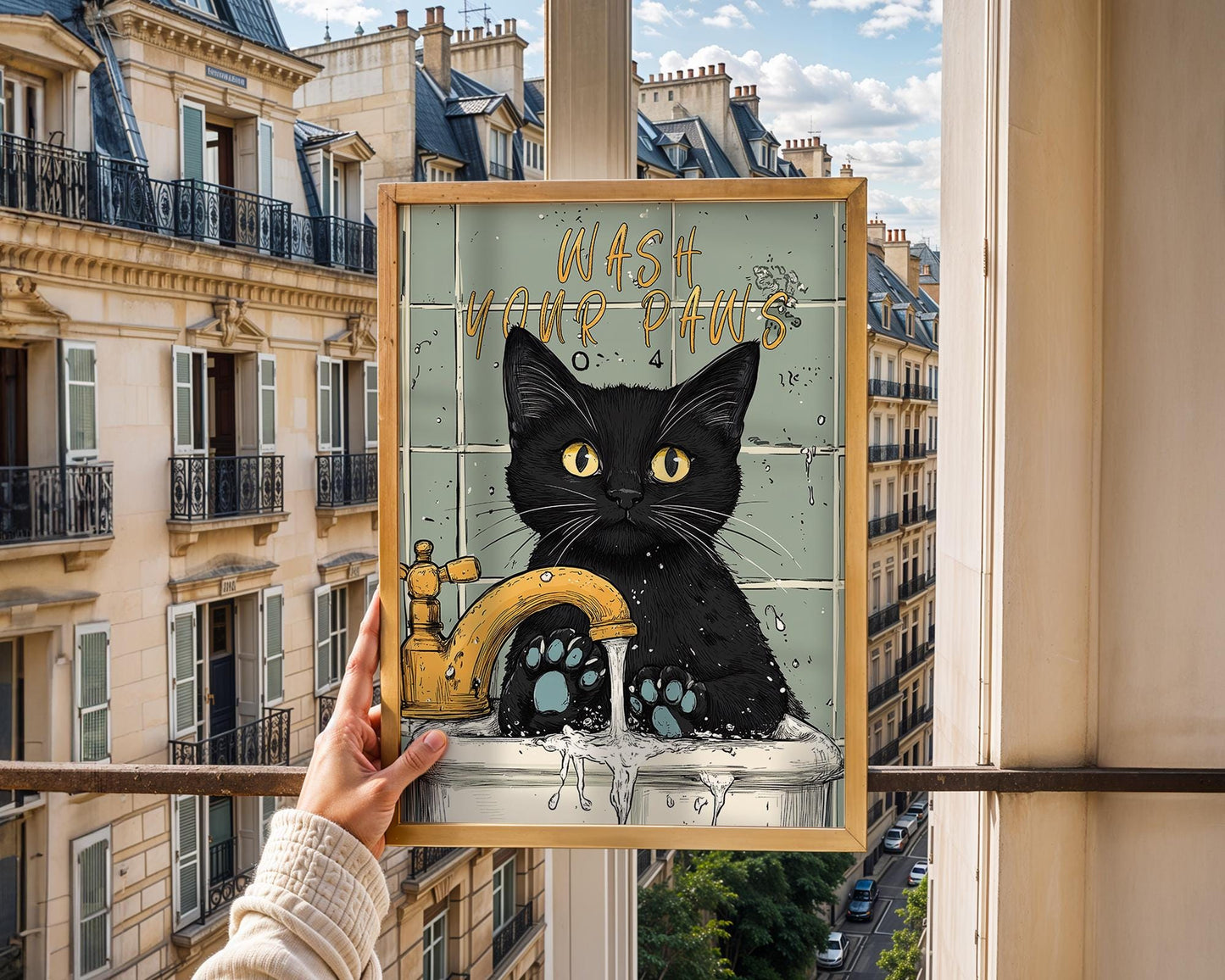 Wash Your Paws Illustration Poster Bathroom Decoration Print Black Cat Poster Vintage Wall Art For Toilet Restroom and Housewarming Gift