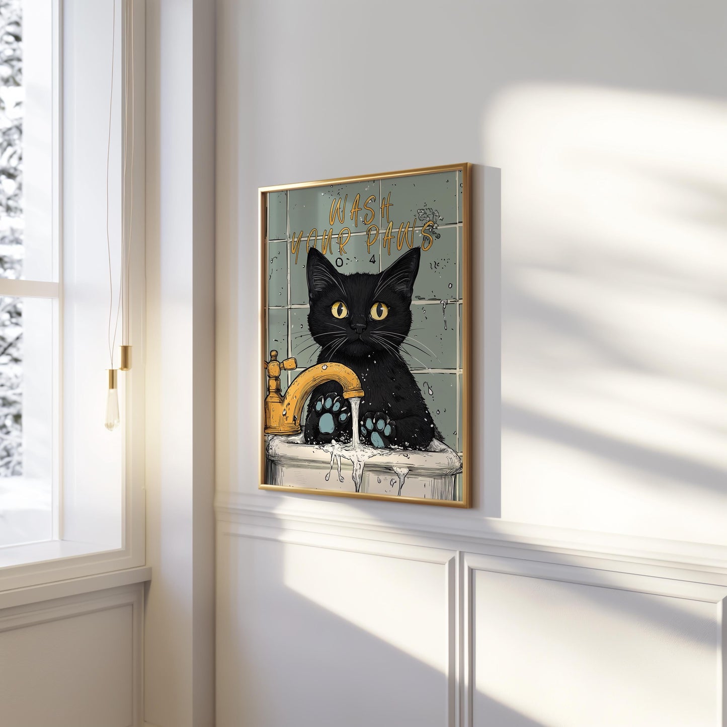 Wash Your Paws Illustration Poster Bathroom Decoration Print Black Cat Poster Vintage Wall Art For Toilet Restroom and Housewarming Gift