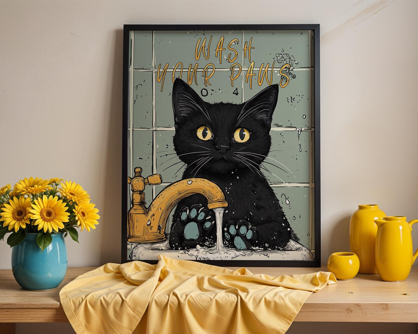 Wash Your Paws Illustration Poster Bathroom Decoration Print Black Cat Poster Vintage Wall Art For Toilet Restroom and Housewarming Gift
