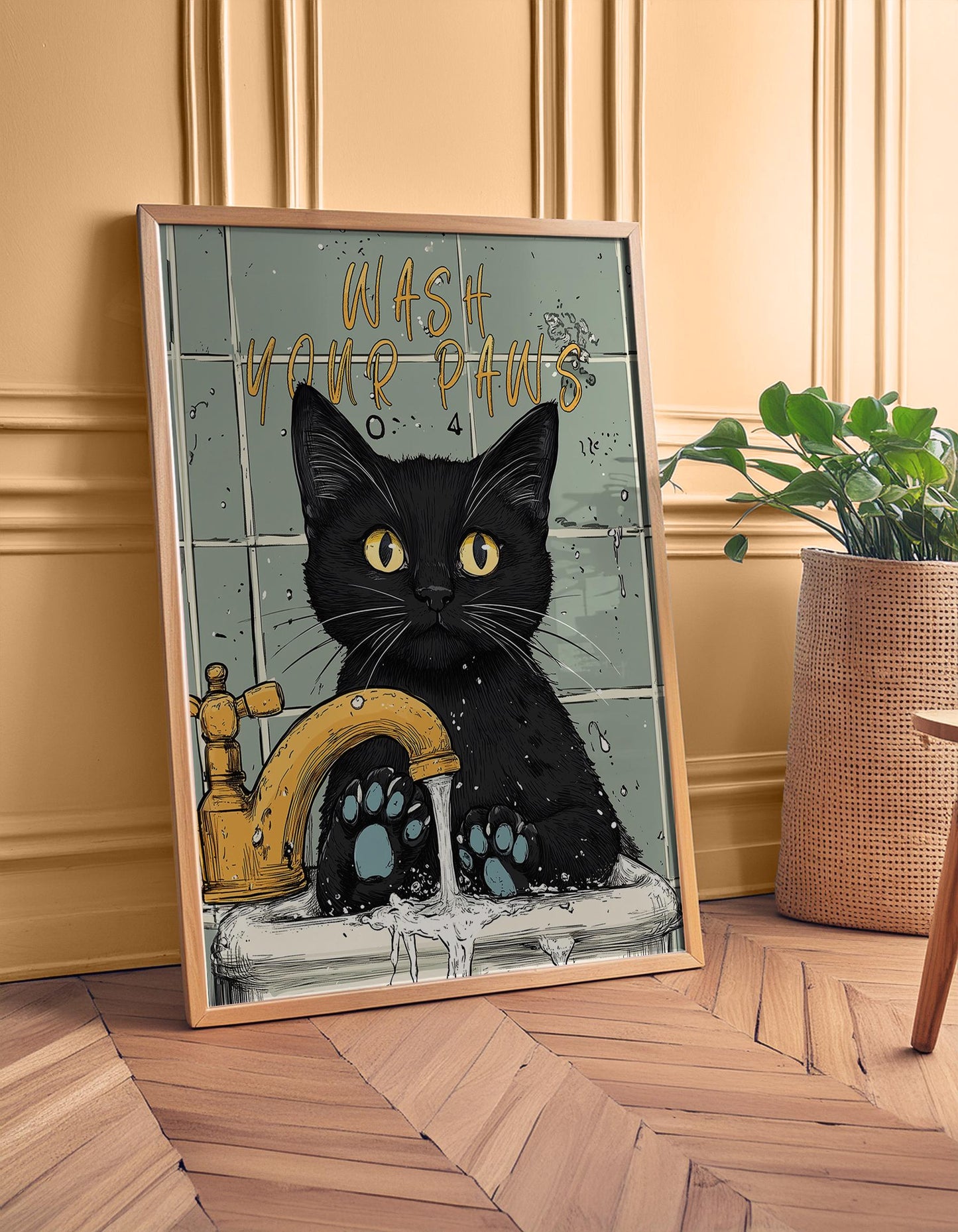 Wash Your Paws Illustration Poster Bathroom Decoration Print Black Cat Poster Vintage Wall Art For Toilet Restroom and Housewarming Gift