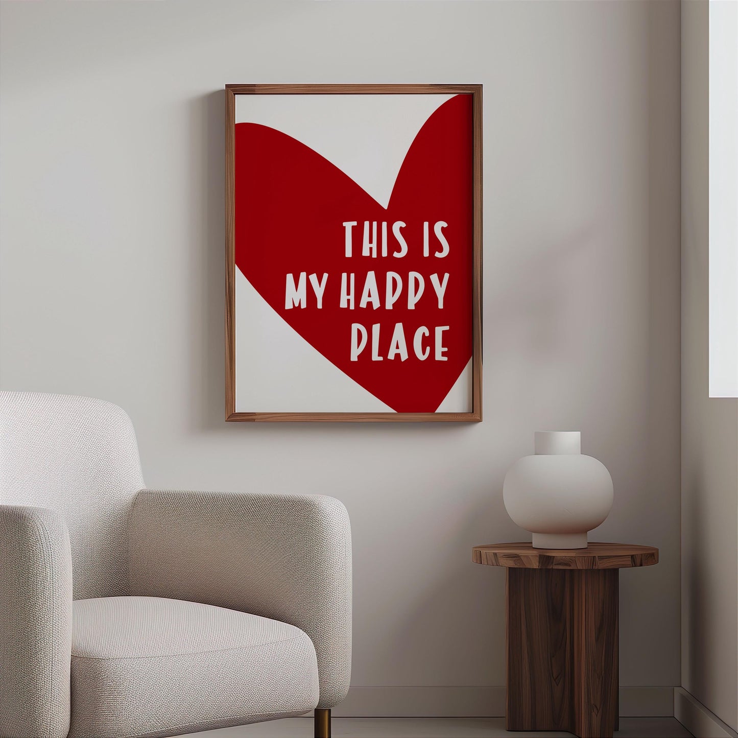 Colourful quote print featuring the phrase “This Is My Happy Place” in cheerful modern typography. Bright and uplifting wall art that adds positivity to any room, from bedroom to living space. Ideal as a thoughtful gift or mood-boosting home décor. Printed to order on premium satin photo paper by Hues & Reflections UK.