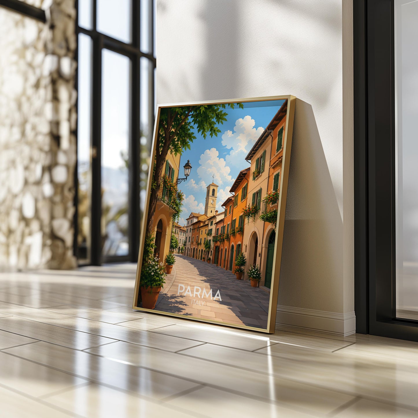 Parma Italy travel poster featuring a sun-drenched cobbled street lined with warm ochre and terracotta buildings, green wooden shutters, flower-filled balconies and a bell tower against a blue summer sky, vintage Italian travel poster style wall art capturing the charm of Emilia Romagna, perfect Italy print for kitchens dining rooms food lovers and anyone with memories of Parma, printed on premium 260gsm satin lustre paper, handmade in the UK by Hues and Reflections small business