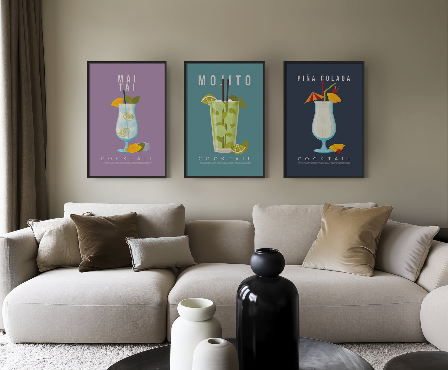 Set of 3 tropical cocktail recipe prints framed as a gallery wall: Mai Tai, Mojito and Pina Colada