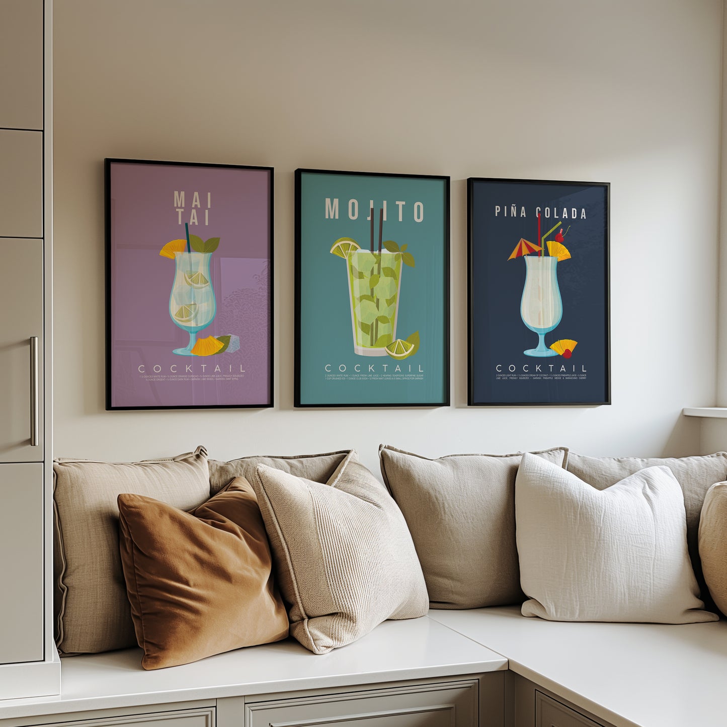 Set of 3 tropical cocktail recipe prints framed as a gallery wall: Mai Tai, Mojito and Pina Colada