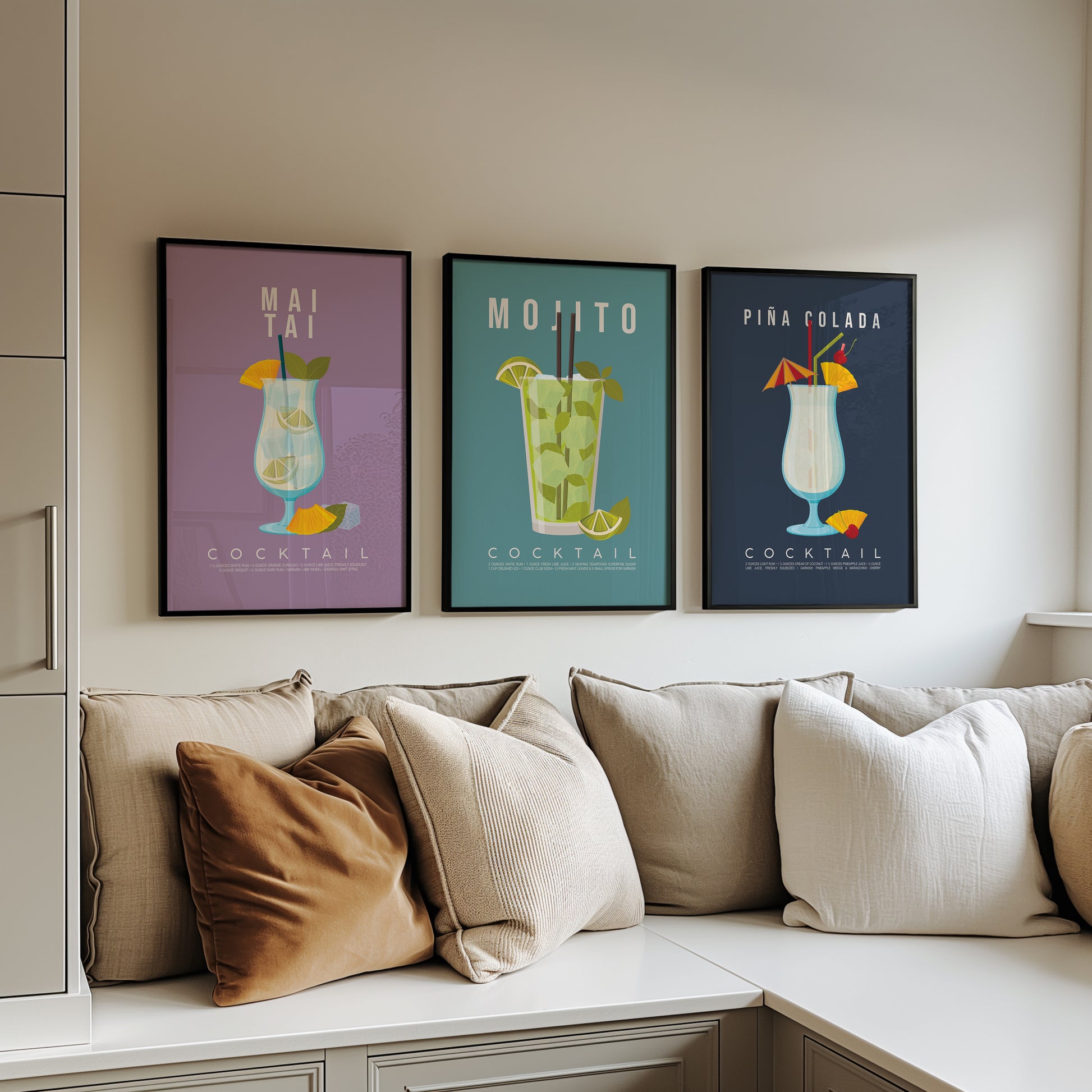 Set of 3 tropical cocktail recipe prints framed as a gallery wall: Mai Tai, Mojito and Pina Colada