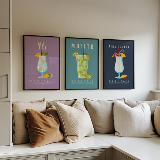 Set of 3 tropical cocktail recipe prints framed as a gallery wall: Mai Tai, Mojito and Pina Colada