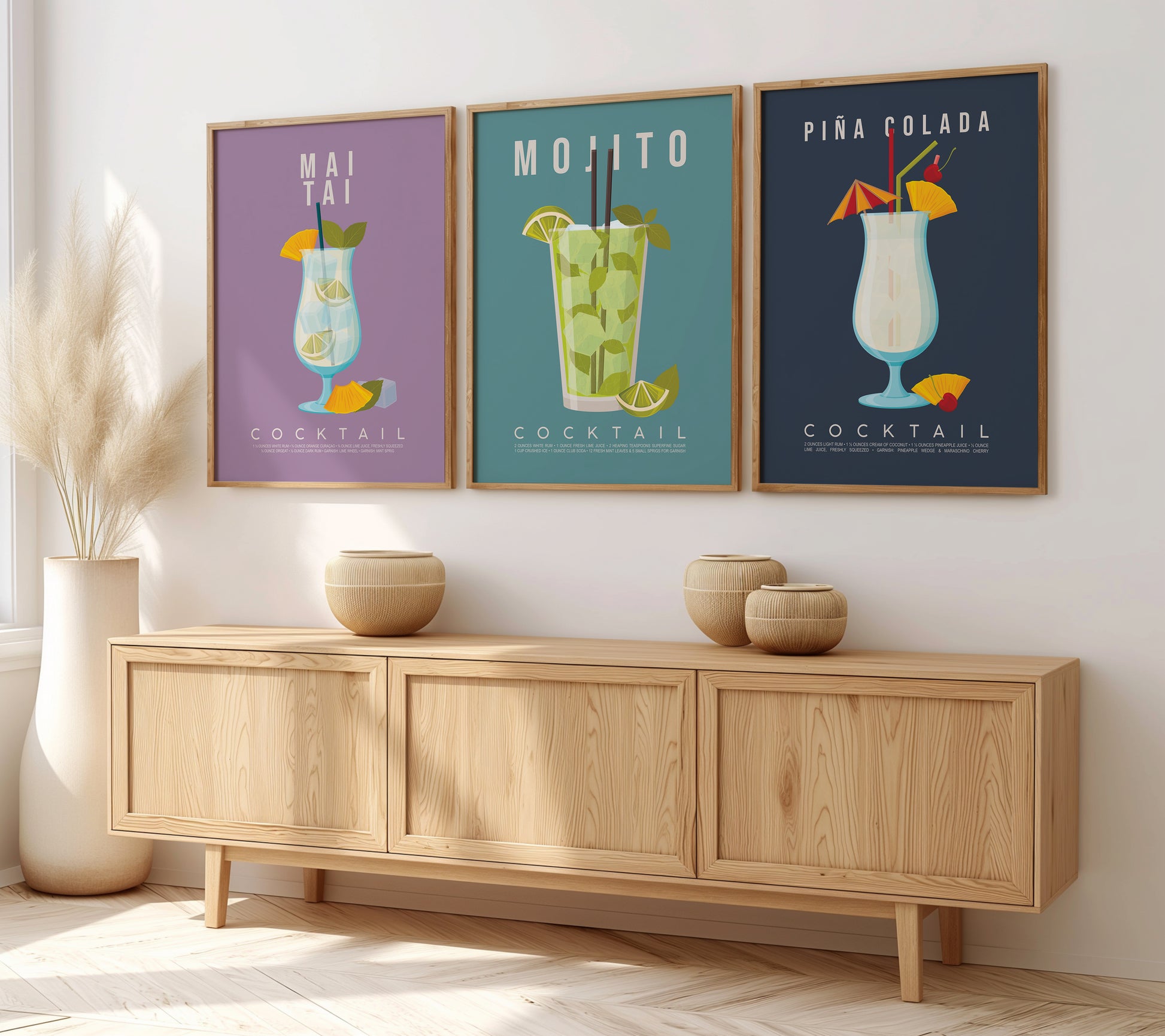 Set of 3 tropical cocktail recipe prints framed as a gallery wall: Mai Tai, Mojito and Pina Colada