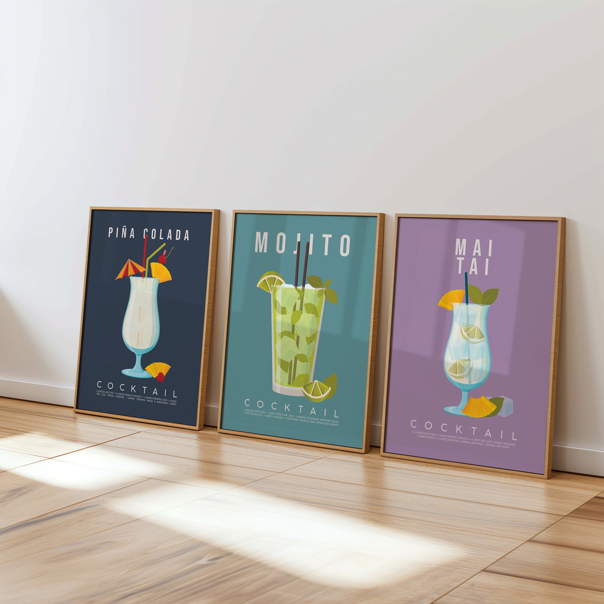 Set of 3 tropical cocktail recipe prints framed as a gallery wall: Mai Tai, Mojito and Pina Colada