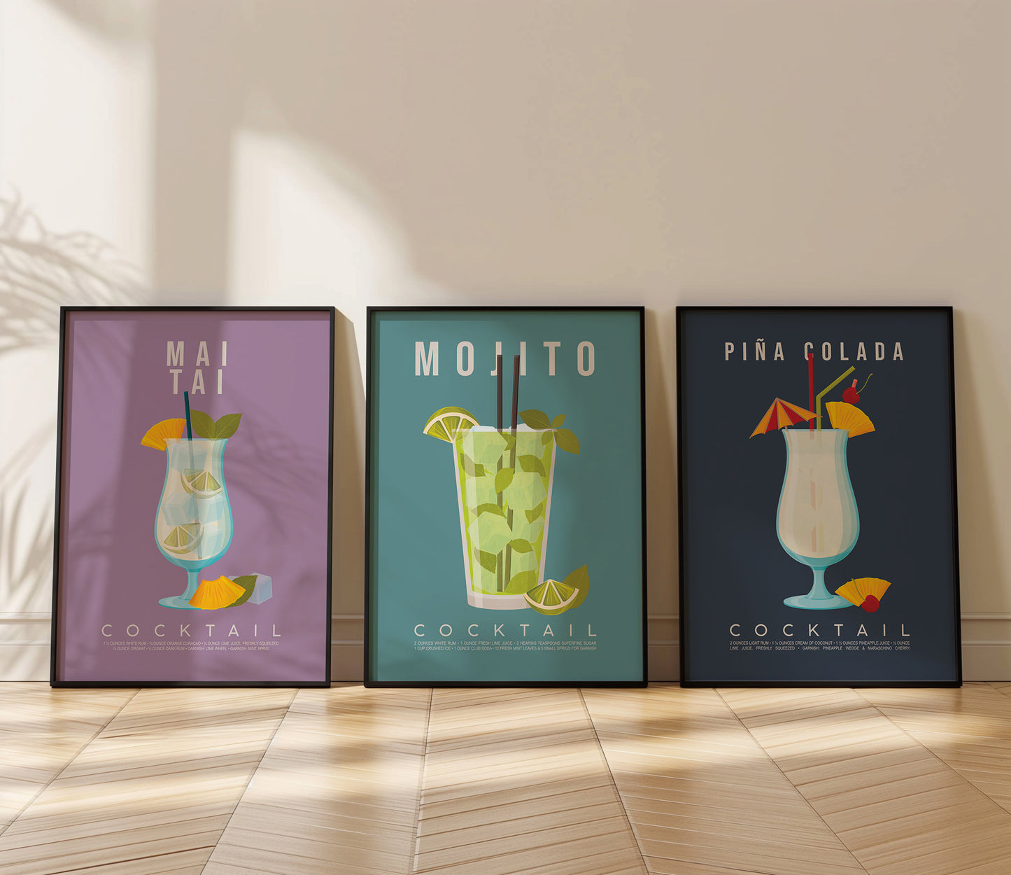 Set of 3 tropical cocktail recipe prints framed as a gallery wall: Mai Tai, Mojito and Pina Colada