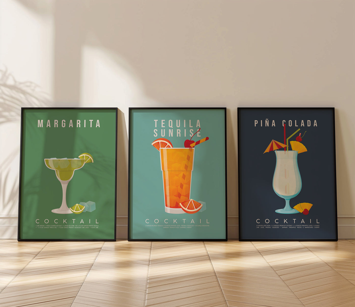 Set of 3 tropical cocktail recipe prints framed as a gallery wall: Margarita, Tequila Sunrise and Pina Colada

