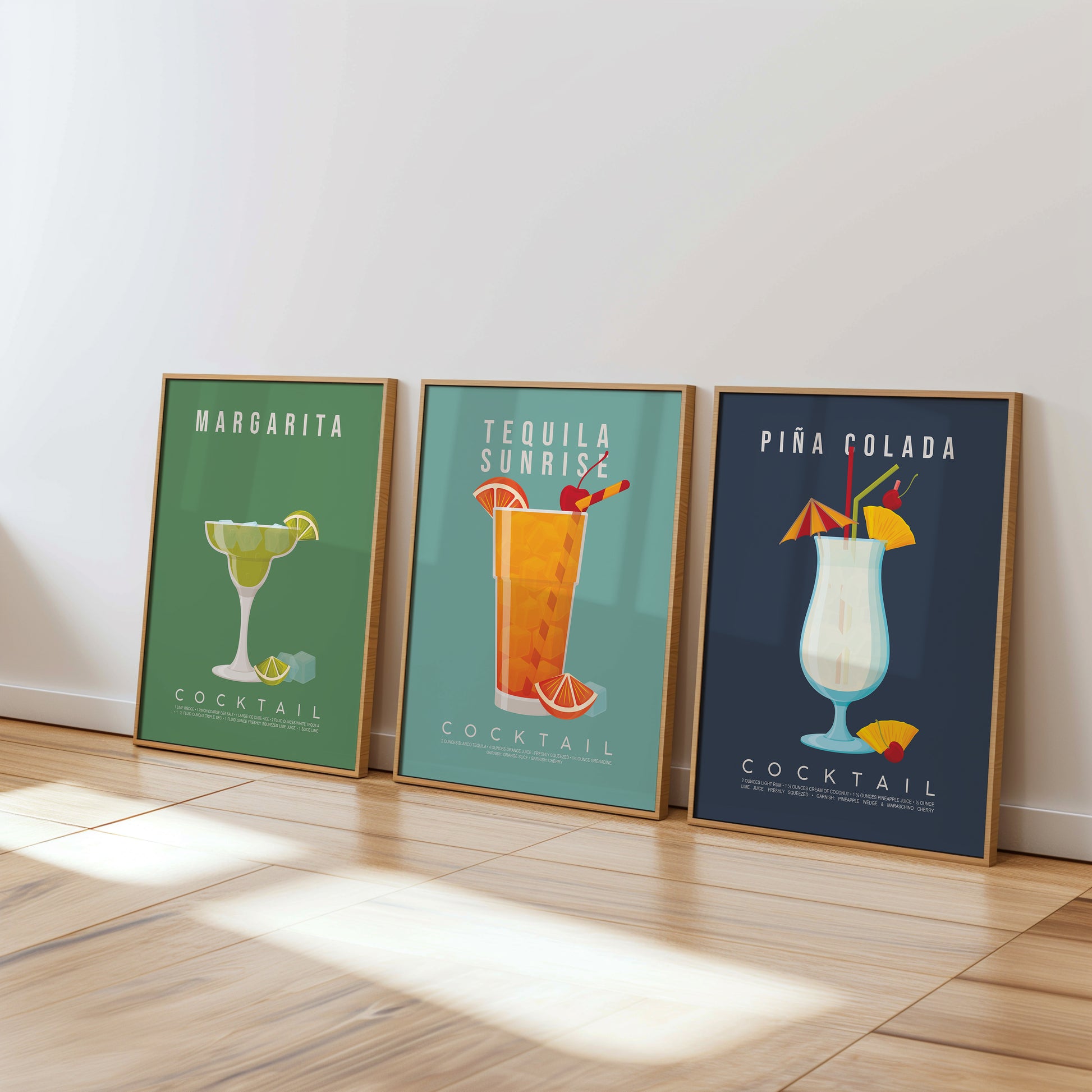 Set of 3 tropical cocktail recipe prints framed as a gallery wall: Margarita, Tequila Sunrise and Pina Colada
