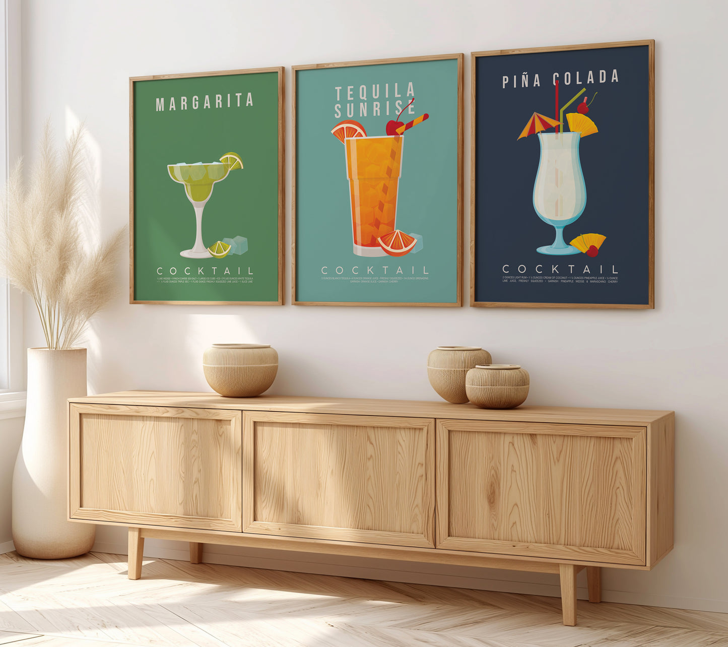 Set of 3 Tequila Cocktail Prints, Bar Cart Wall Art, Holiday Cocktail Gift Set, Kitchen Bar Decor