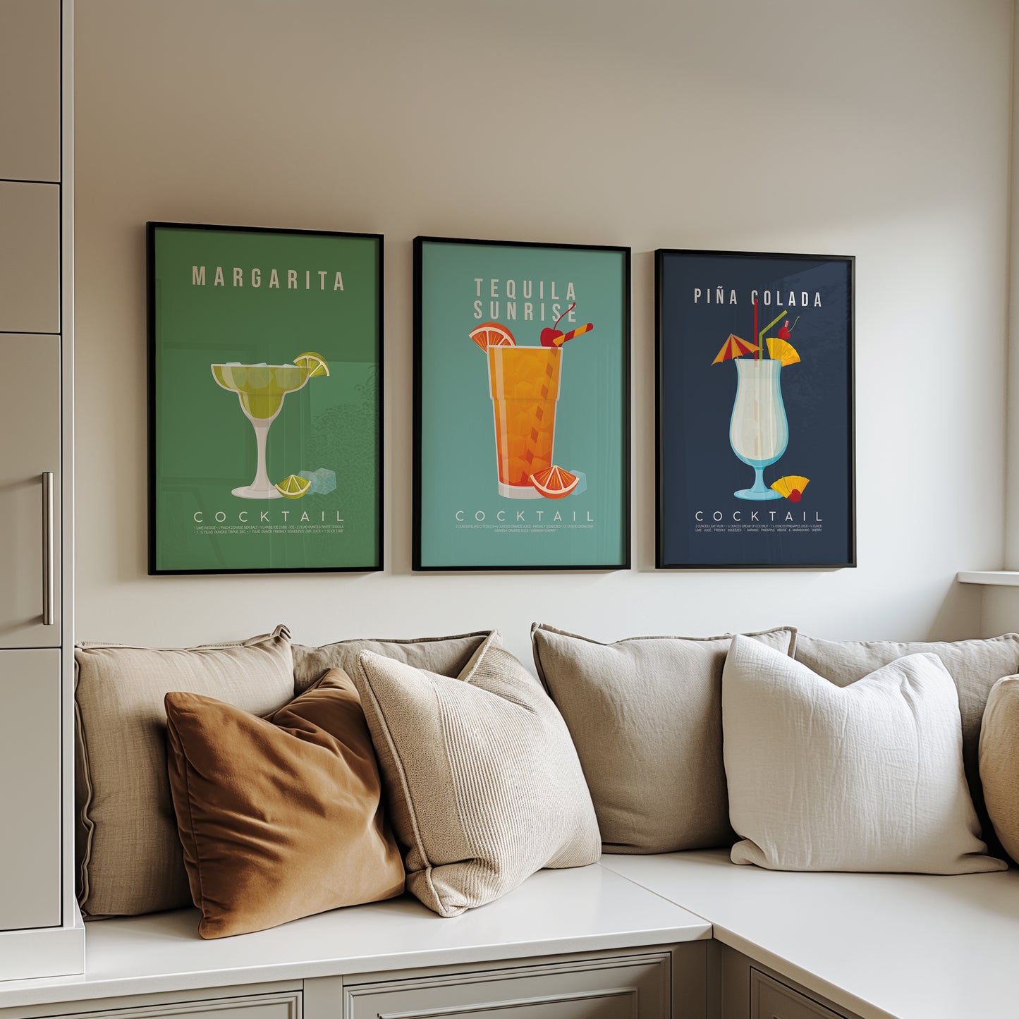Set of 3 tropical cocktail recipe prints framed as a gallery wall: Margarita, Tequila Sunrise and Pina Colada
