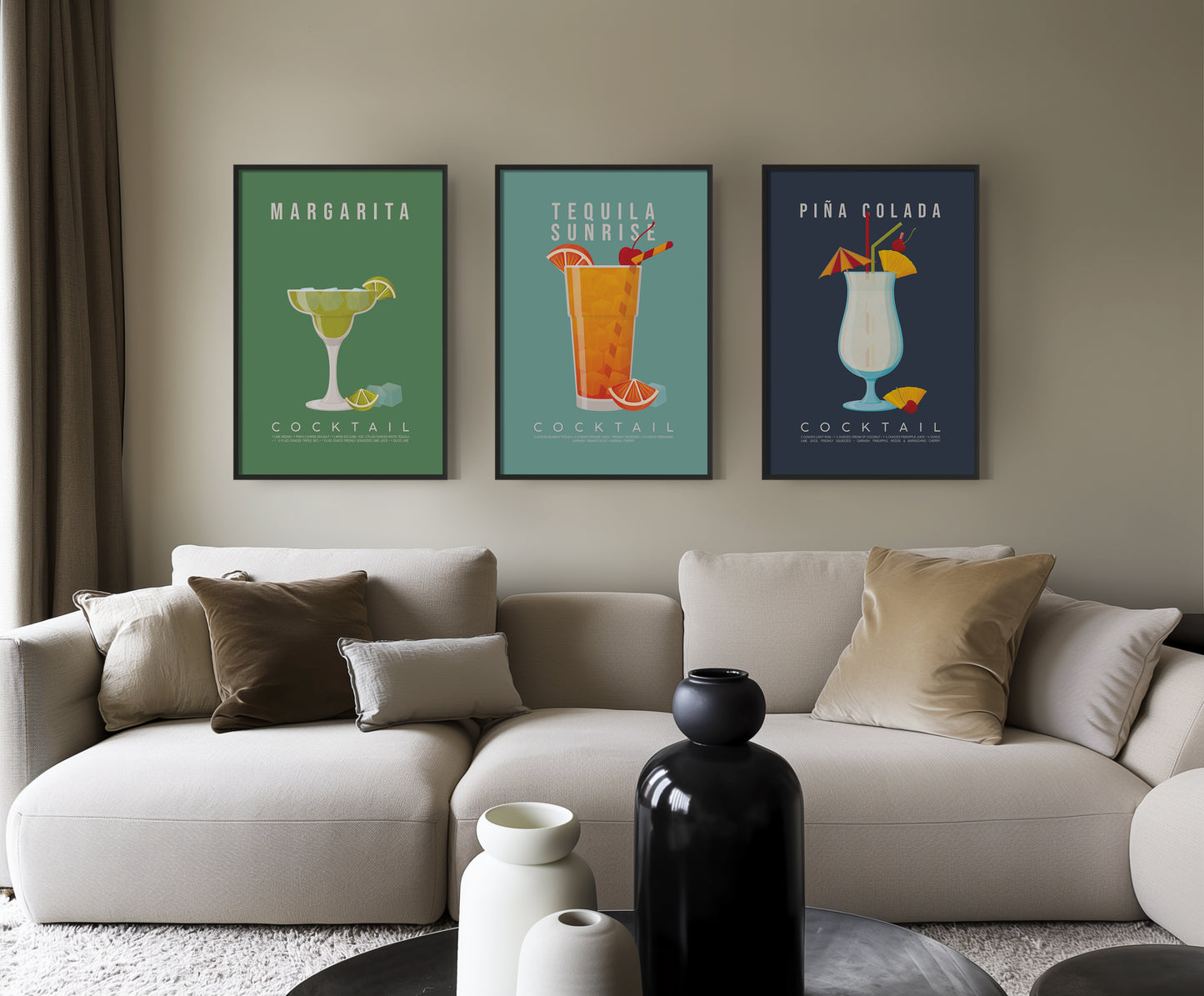 Set of 3 tropical cocktail recipe prints framed as a gallery wall: Margarita, Tequila Sunrise and Pina Colada

