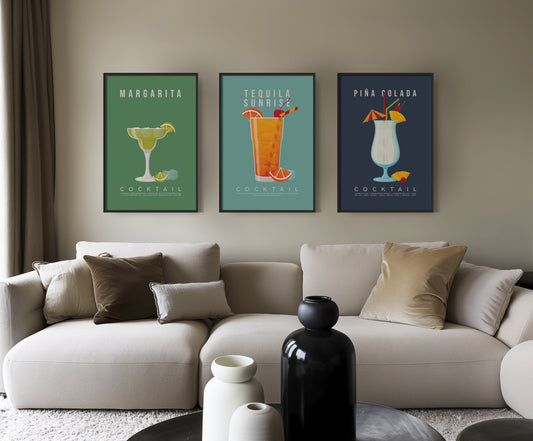 Set of 3 tropical cocktail recipe prints framed as a gallery wall: Margarita, Tequila Sunrise and Pina Colada
