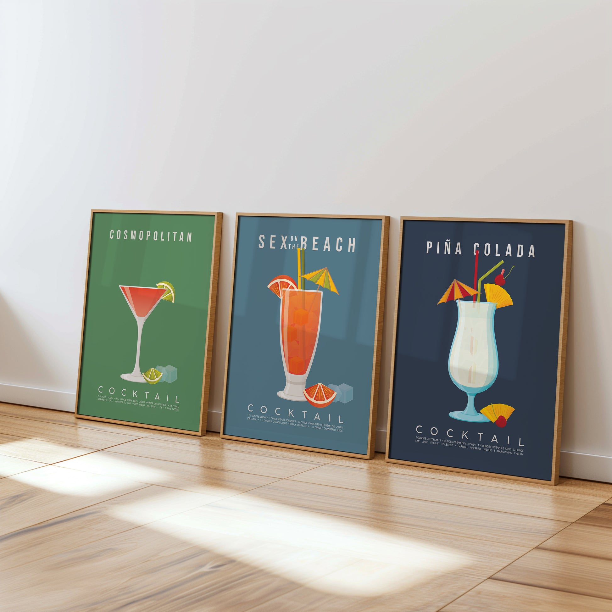 Set of 3 hen do cocktail recipe prints framed as a gallery wall: Cosmopolitan, Sex on the beach and Pina Colada
