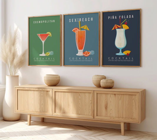 Set of 3 hen do cocktail recipe prints framed as a gallery wall: Cosmopolitan, Sex on the beach and Pina Colada
