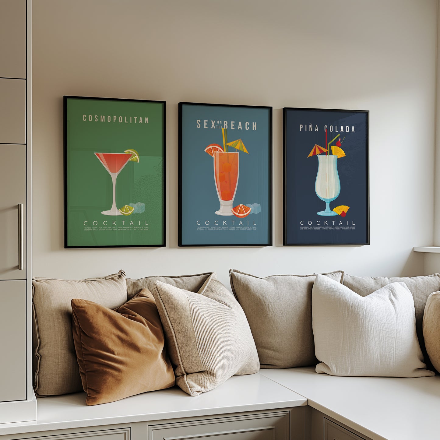 Set of 3 hen do cocktail recipe prints framed as a gallery wall: Cosmopolitan, Sex on the beach and Pina Colada

