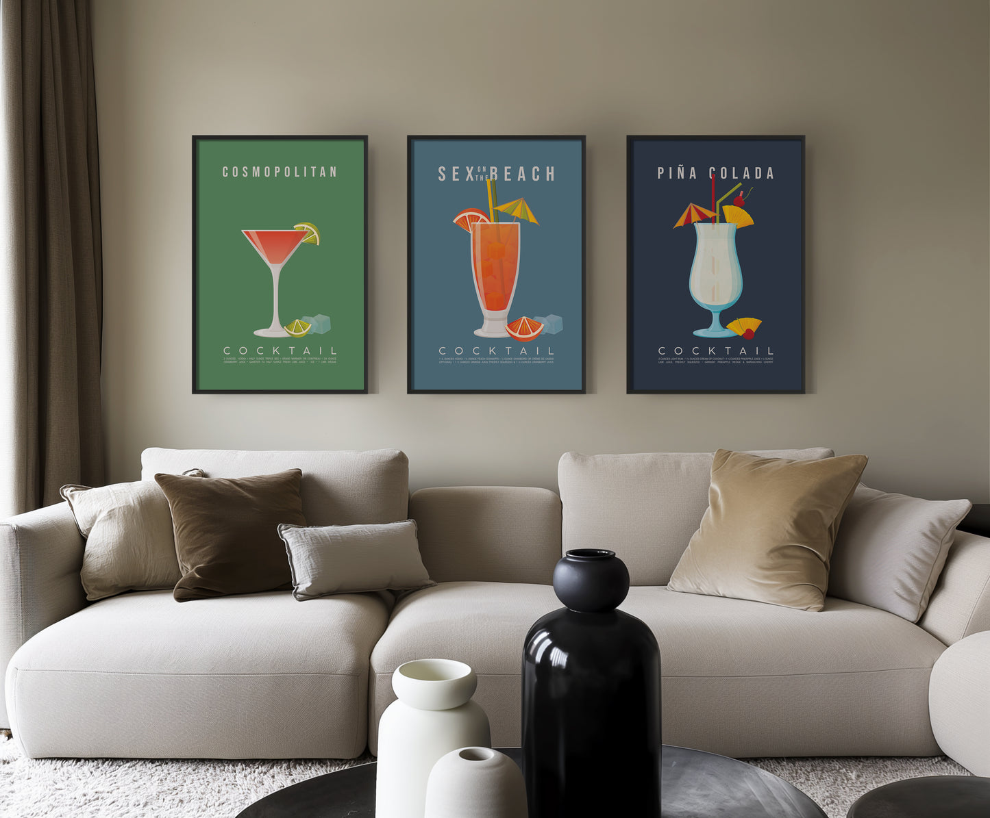 Set of 3 hen do cocktail recipe prints framed as a gallery wall: Cosmopolitan, Sex on the beach and Pina Colada
