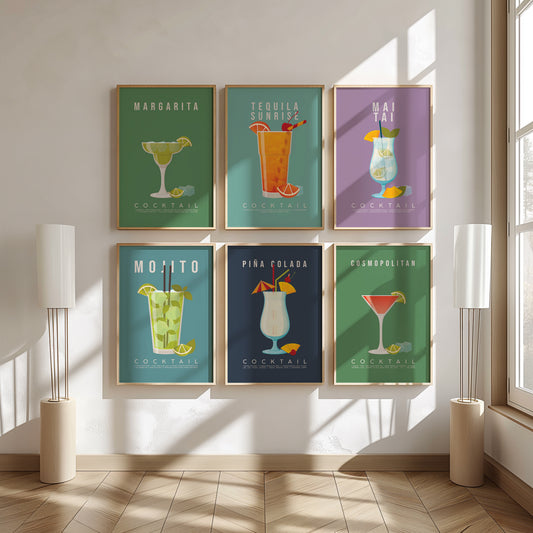 Set of 6 cocktail recipe prints displayed as a framed gallery wall: Margarita, Tequila Sunrise, Mai Tai, Mojito, Pina Colada and Cosmopolitan