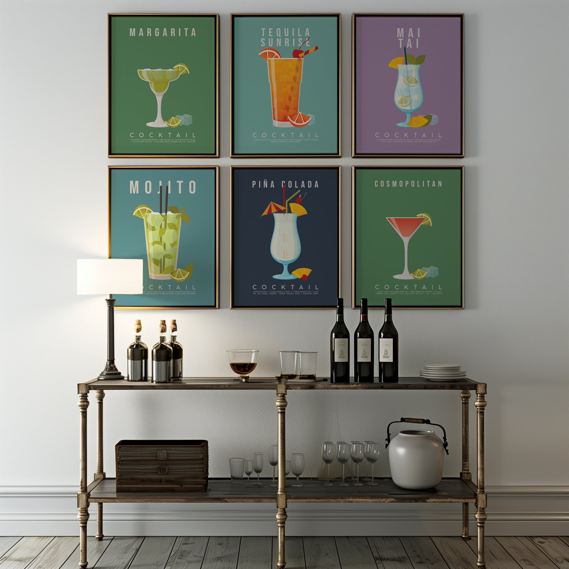 Set of 6 cocktail recipe prints displayed as a framed gallery wall: Margarita, Tequila Sunrise, Mai Tai, Mojito, Pina Colada and Cosmopolitan
