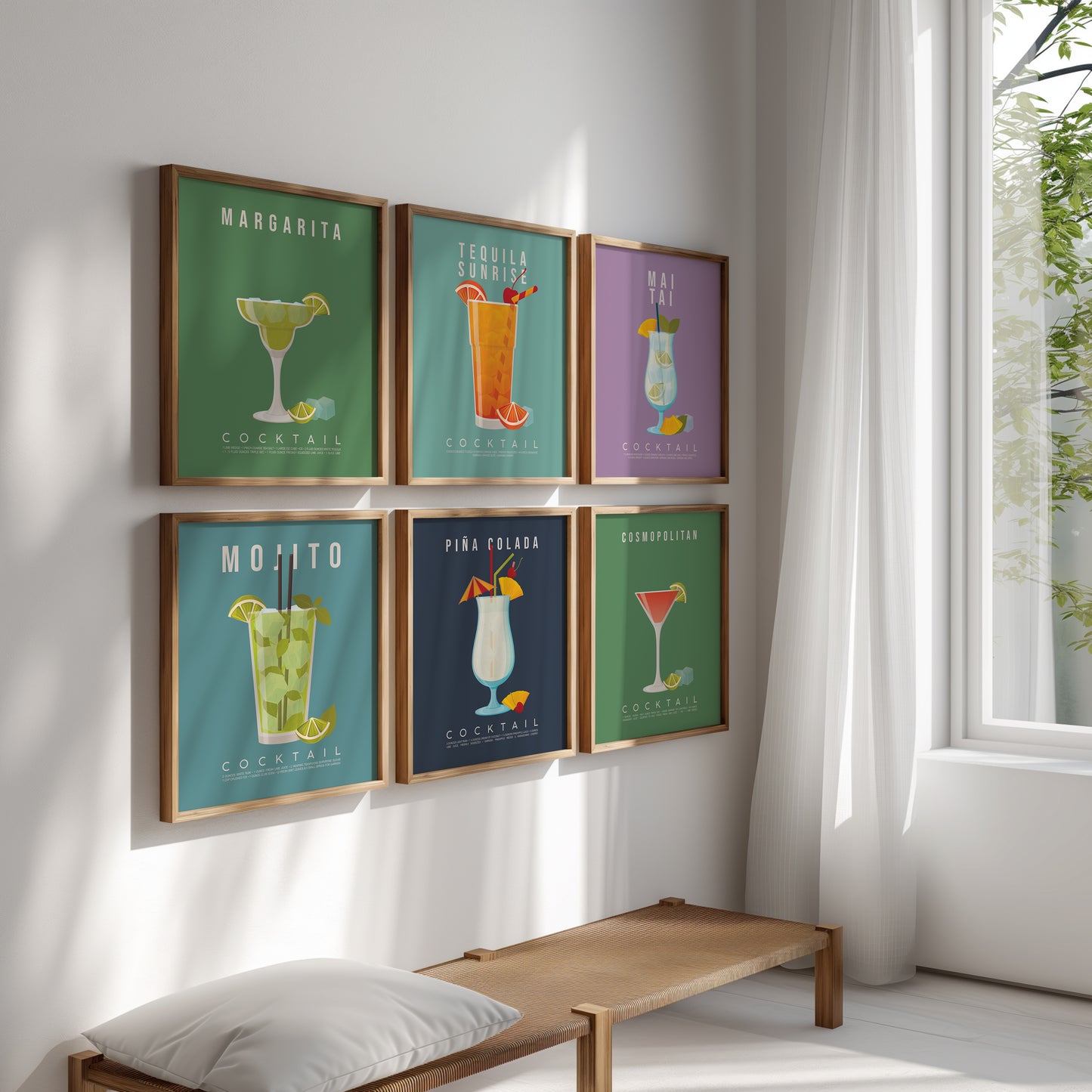Set of 6 cocktail recipe prints displayed as a framed gallery wall: Margarita, Tequila Sunrise, Mai Tai, Mojito, Pina Colada and Cosmopolitan
