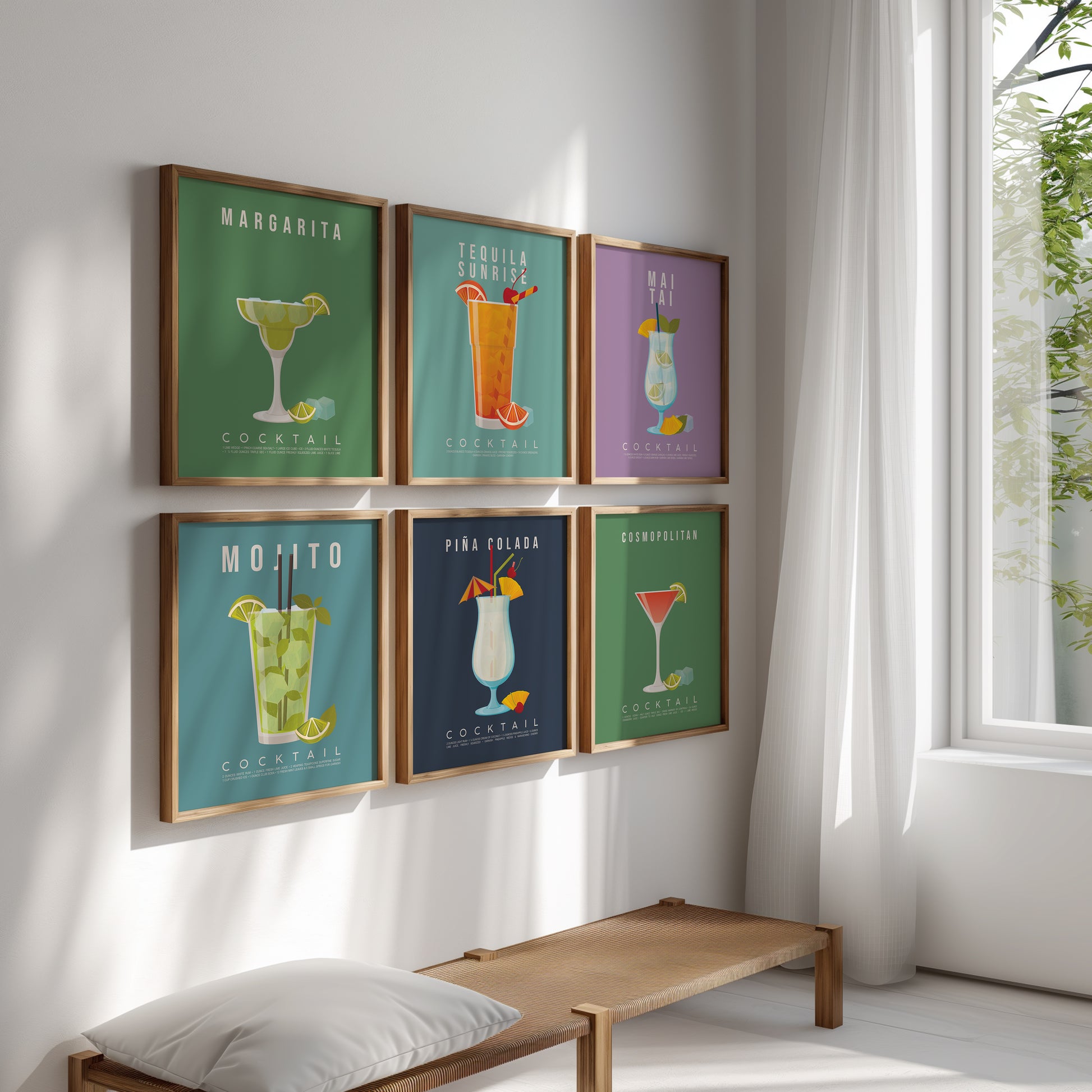 Set of 6 cocktail recipe prints displayed as a framed gallery wall: Margarita, Tequila Sunrise, Mai Tai, Mojito, Pina Colada and Cosmopolitan
