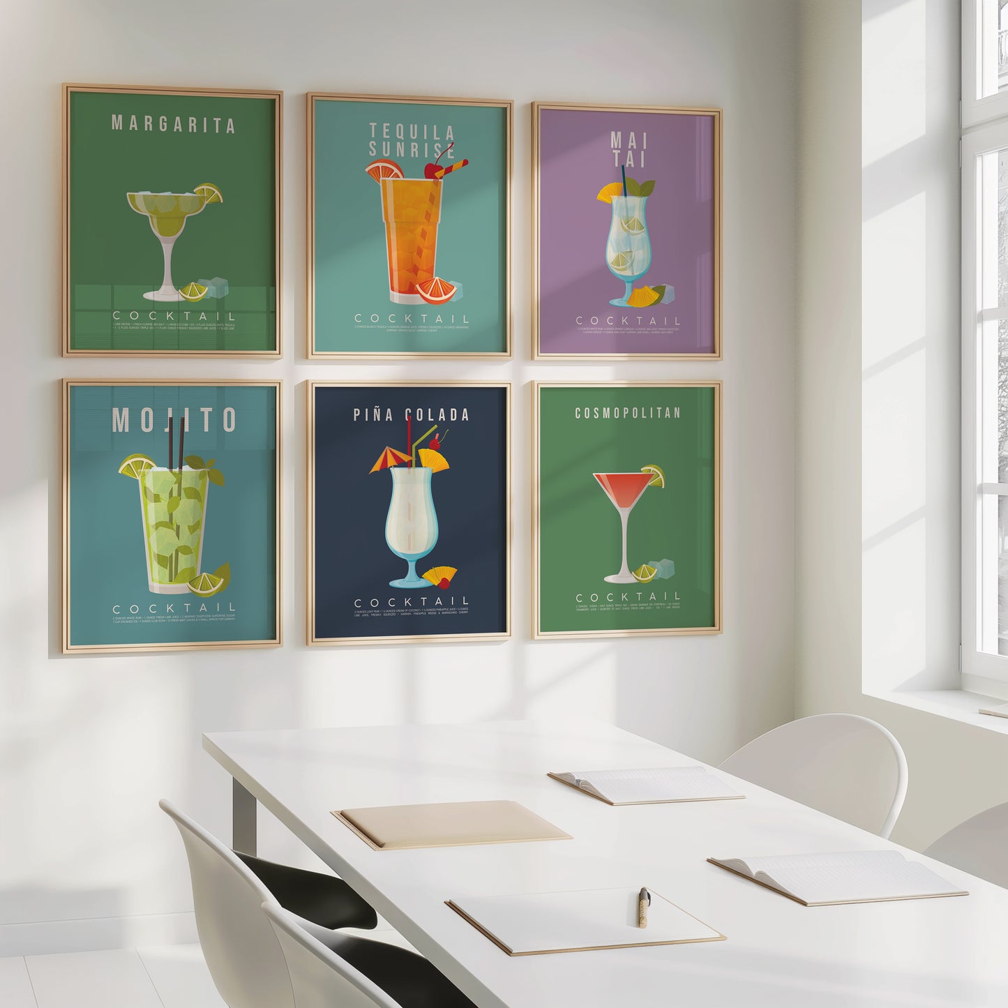 Set of 6 cocktail recipe prints displayed as a framed gallery wall: Margarita, Tequila Sunrise, Mai Tai, Mojito, Pina Colada and Cosmopolitan
