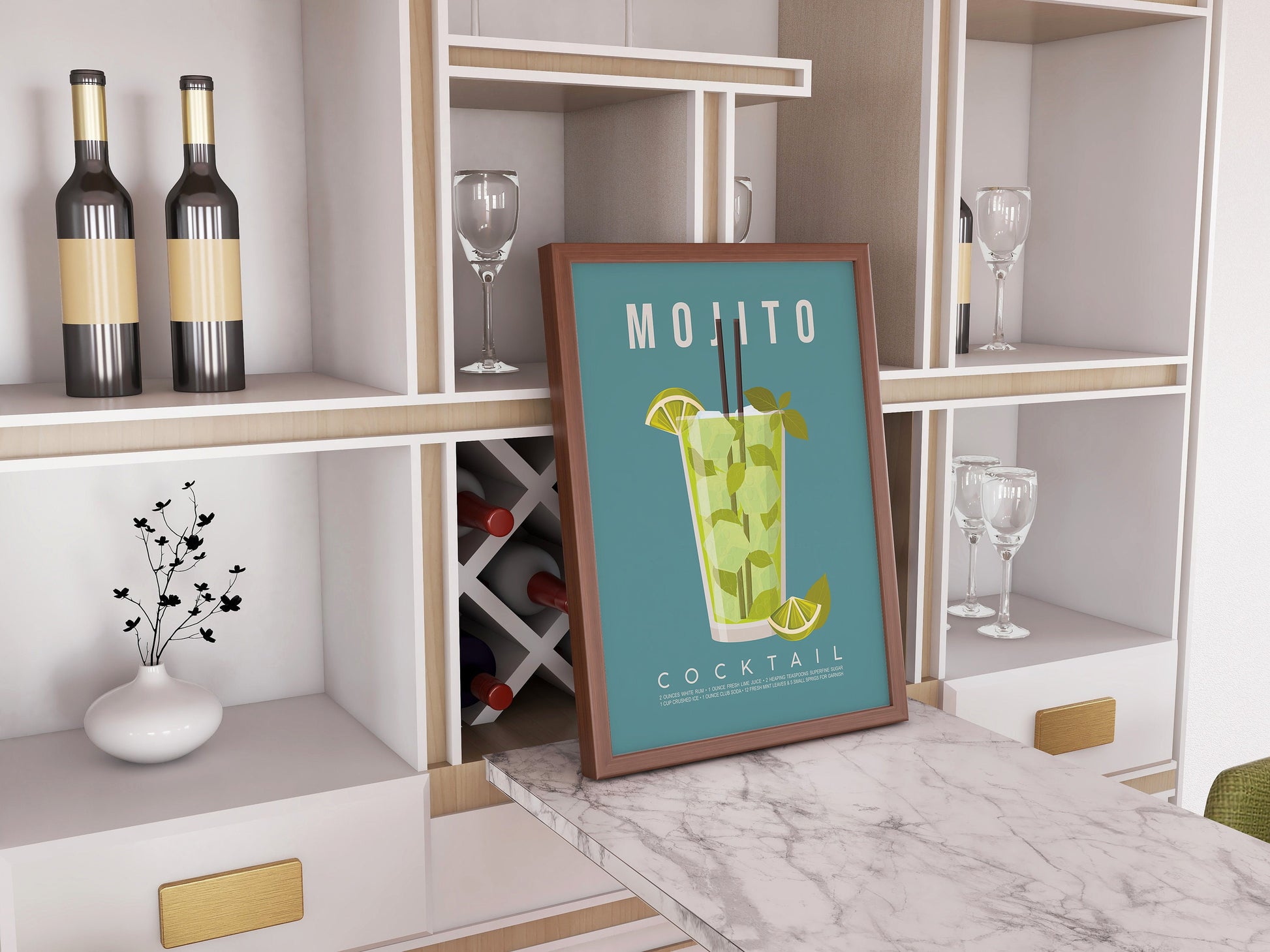 Mojito cocktail recipe print, refreshing printable wall art featuring the classic Cuban cocktail ingredients of white rum soda water fresh lime juice and muddled mint leaves with a tall glass illustration on a teal background, modern cocktail poster for kitchens home bars bar carts and summer entertaining spaces, instant digital download in multiple print ratios including A5 A4 A3 A2 and US sizes, perfect housewarming gift for rum lovers mojito fans and tropical aesthetic devotees