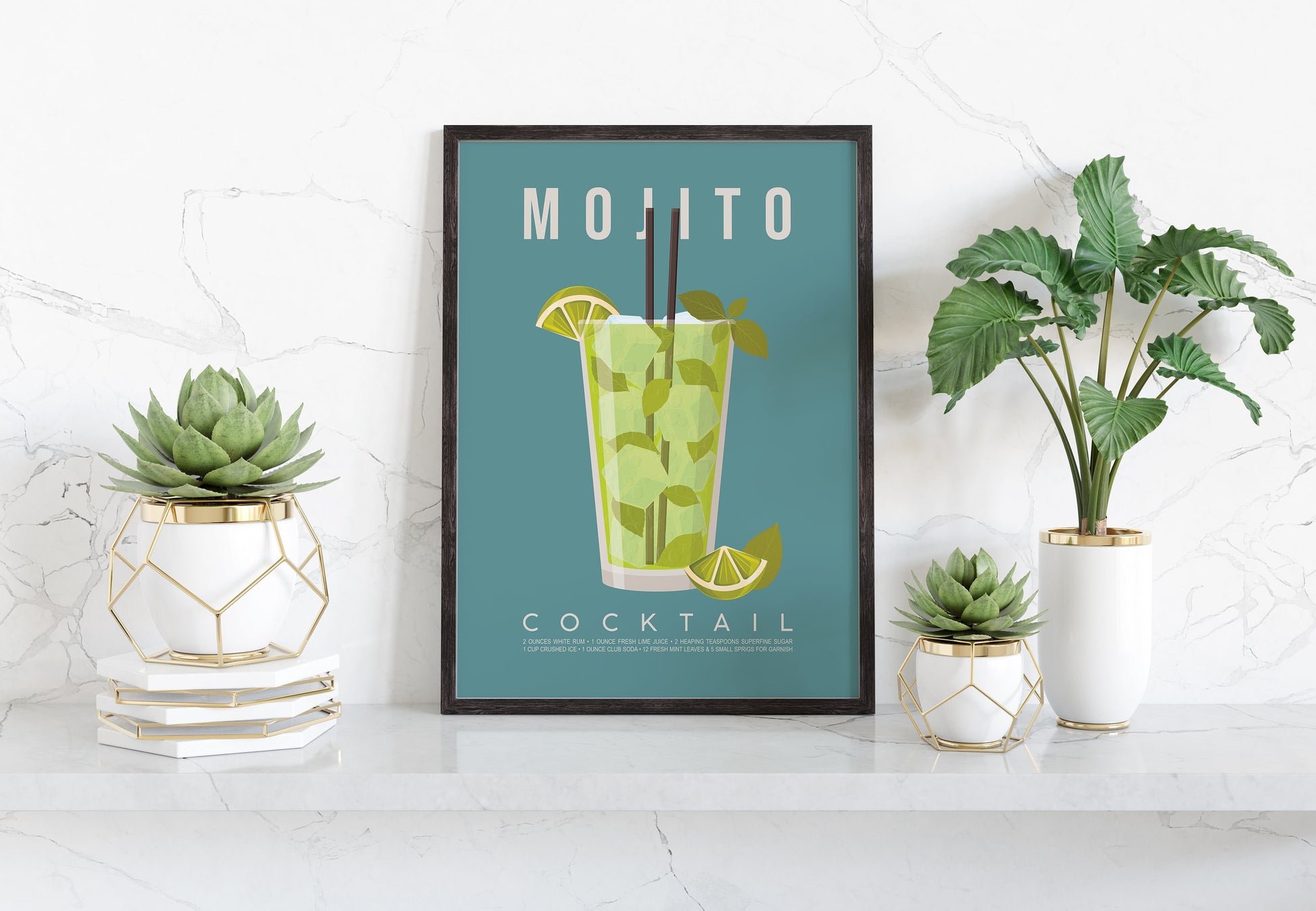 Mojito cocktail recipe print, refreshing printable wall art featuring the classic Cuban cocktail ingredients of white rum soda water fresh lime juice and muddled mint leaves with a tall glass illustration on a teal background, modern cocktail poster for kitchens home bars bar carts and summer entertaining spaces, instant digital download in multiple print ratios including A5 A4 A3 A2 and US sizes, perfect housewarming gift for rum lovers mojito fans and tropical aesthetic devotees